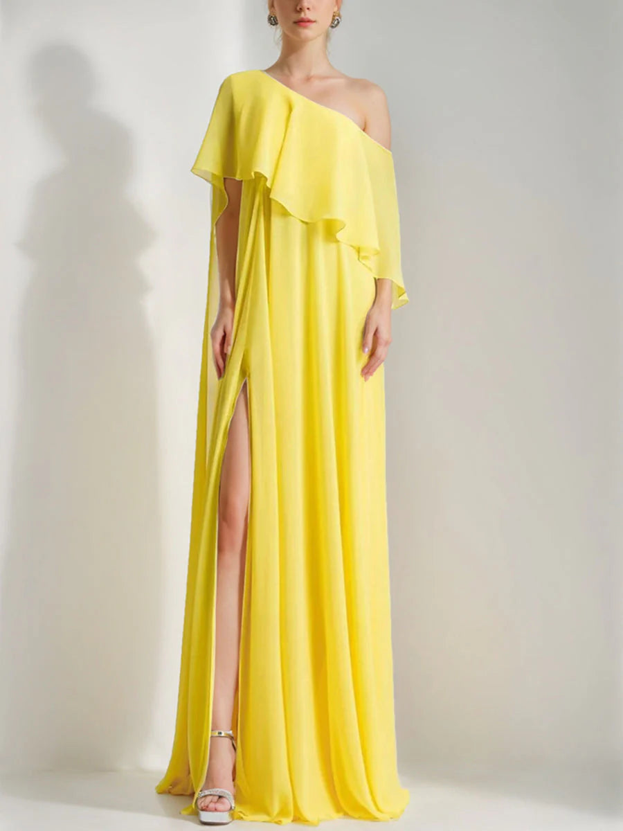 Loose Fit One-Shoulder Sleeveless Prom Dresses with Ruffles & High Split simple gentle atmospheric and unique desi Bring summer colors to enhance whiteness