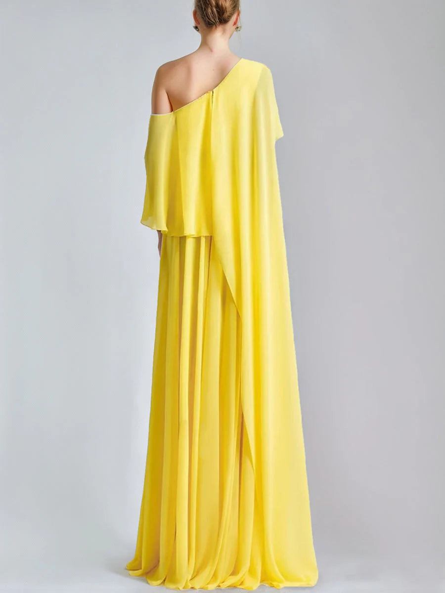 Loose Fit One-Shoulder Sleeveless Prom Dresses with Ruffles & High Split simple gentle atmospheric and unique desi Bring summer colors to enhance whiteness