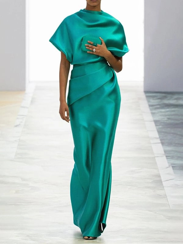 Loose Short Sleeves Pleated Solid Color Maxi Dresses simple gentle atmospheric and unique desi Bring summer colors to enhance whiteness