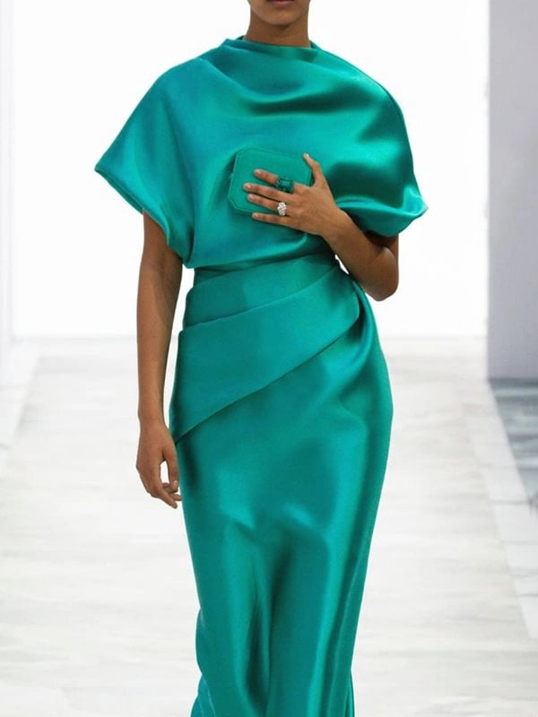 Loose Short Sleeves Pleated Solid Color Maxi Dresses simple gentle atmospheric and unique desi Bring summer colors to enhance whiteness