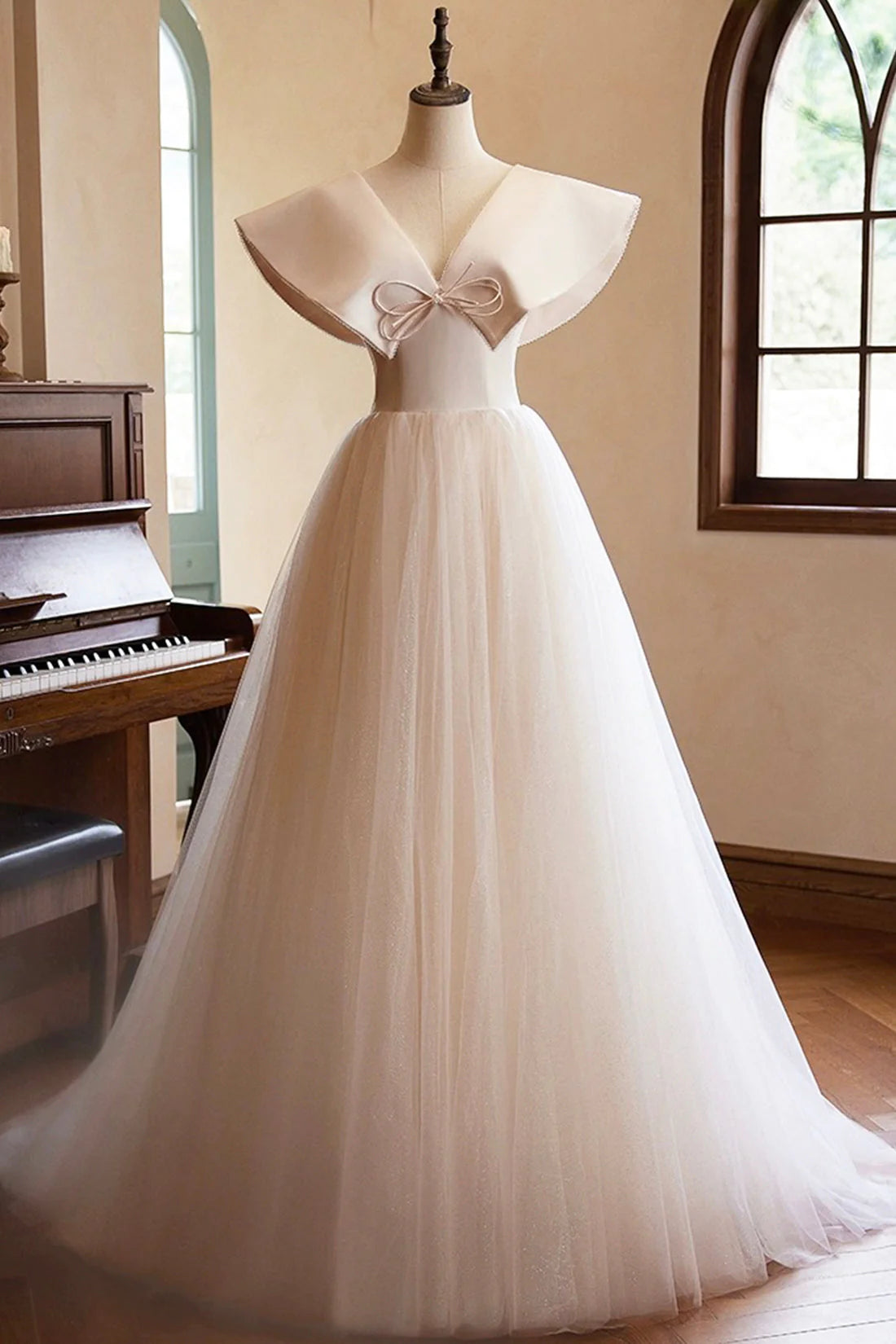 Lovely  Long Prom Dresses, A-Line Princess V-Neck Bow Sleeveless Backless Formal Dressessimple gentle atmospheric and unique desi Bring summer