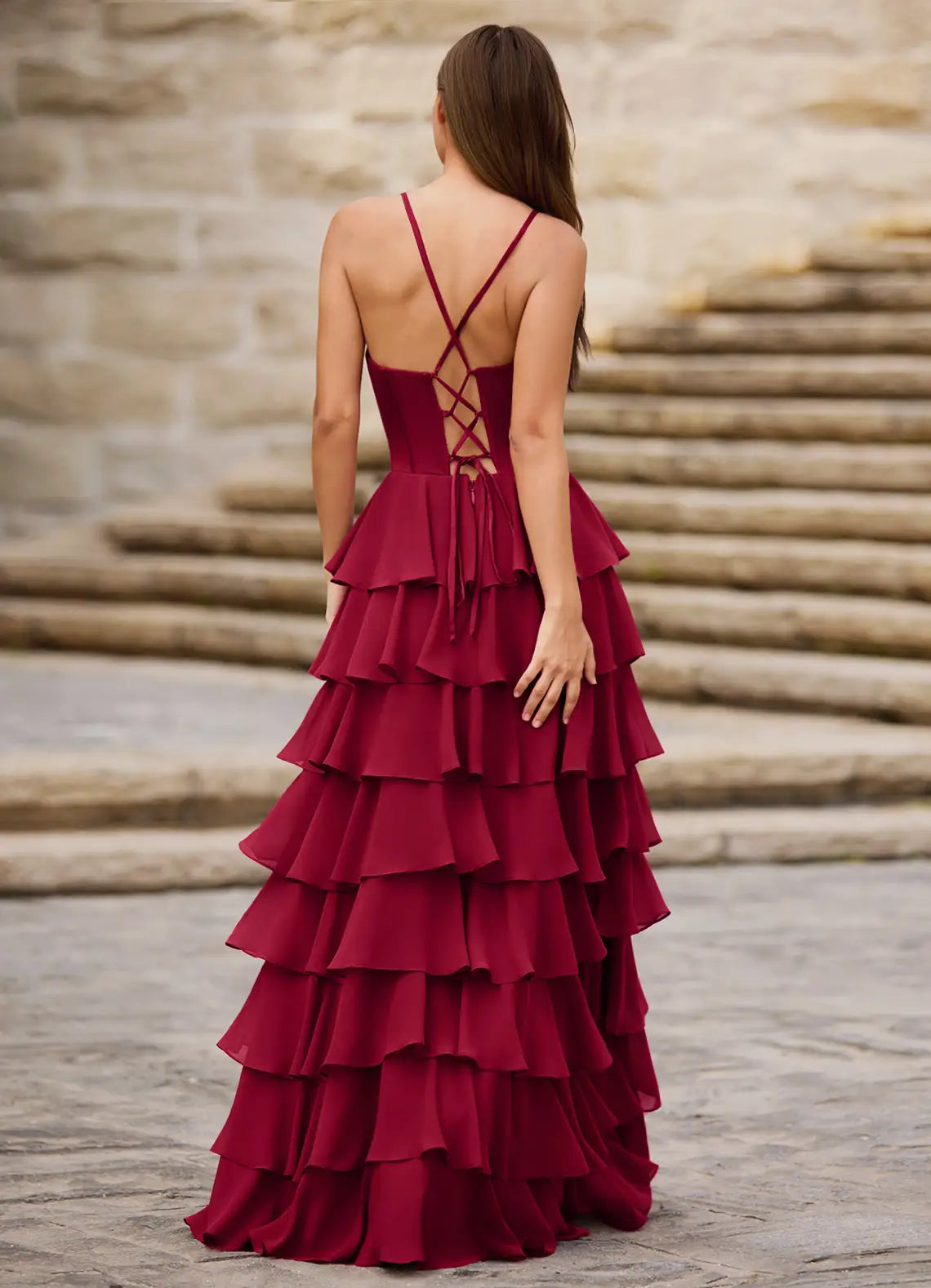Lush A Line Sweetheart Neck Spaghetti Strap Crisscross Lace Up Back Ruffled Floor Length For Ladies Evening Dress