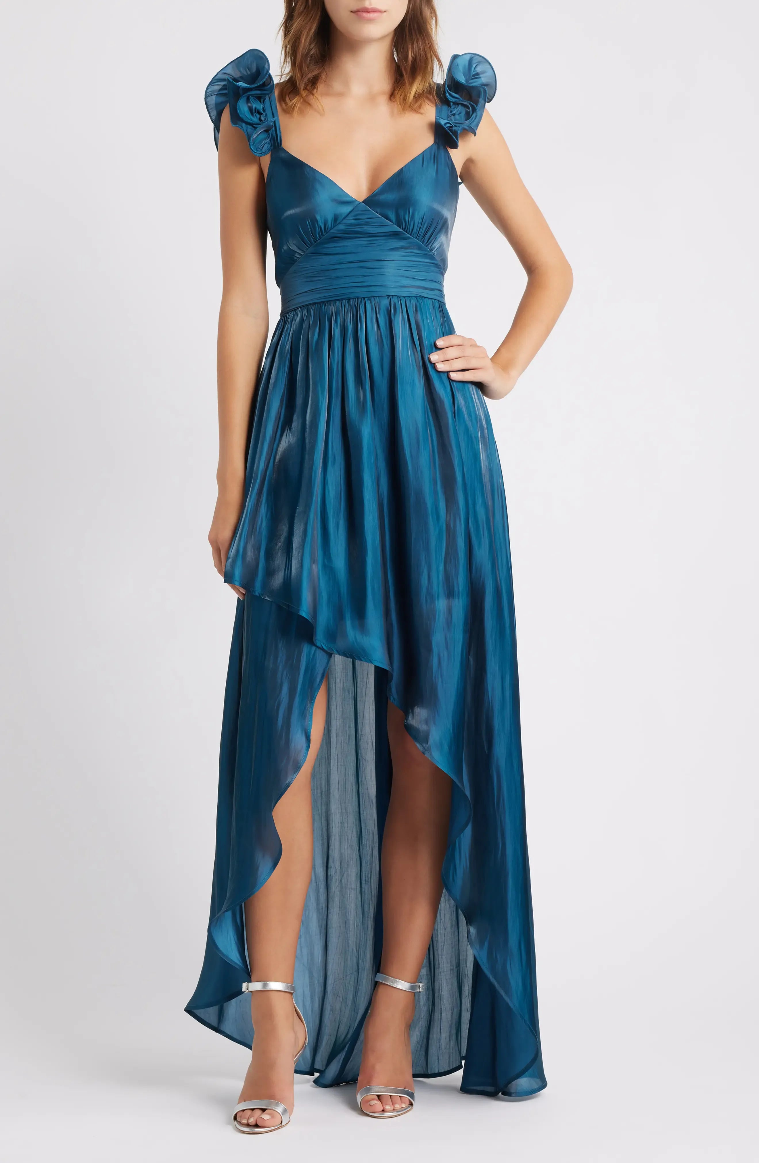 Lustrous Ruffled A-Line V Neck Sleeveless Tie Back High Low For Women Prom Dress