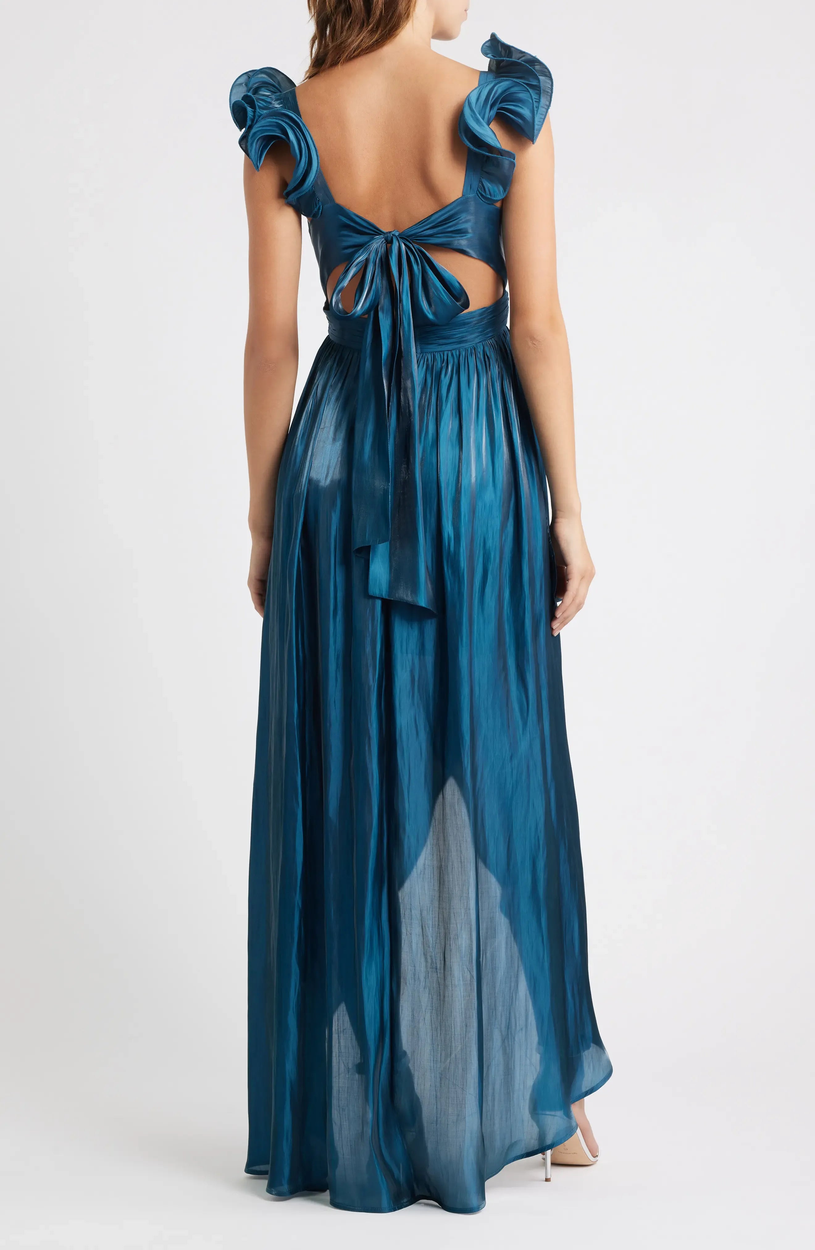 Lustrous Ruffled A-Line V Neck Sleeveless Tie Back High Low For Women Prom Dress