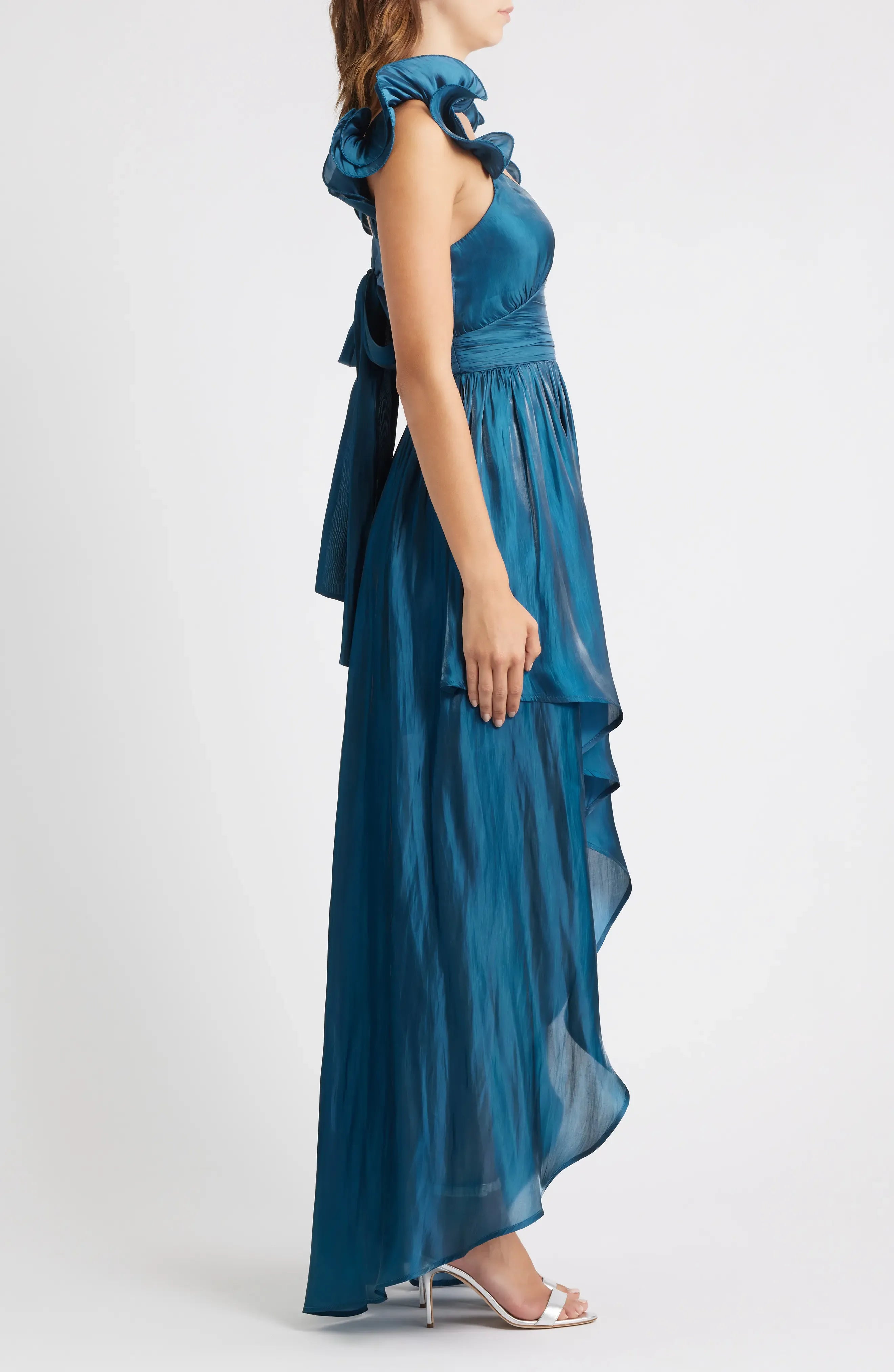 Lustrous Ruffled A-Line V Neck Sleeveless Tie Back High Low For Women Prom Dress