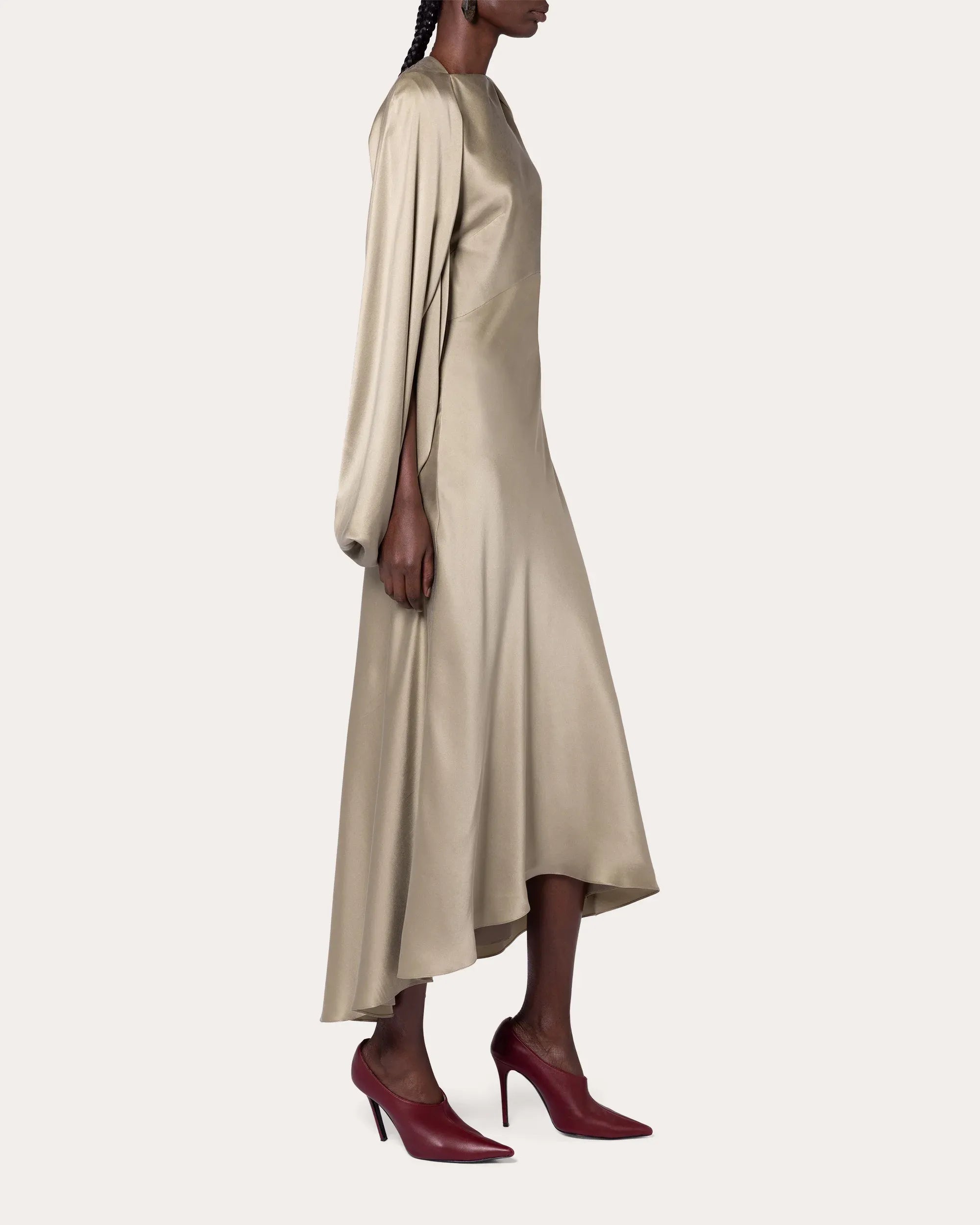 Luxe A-Line Boat Neck Cape Sleeve Solid Back High Low Midi For Adults Prom Dress
