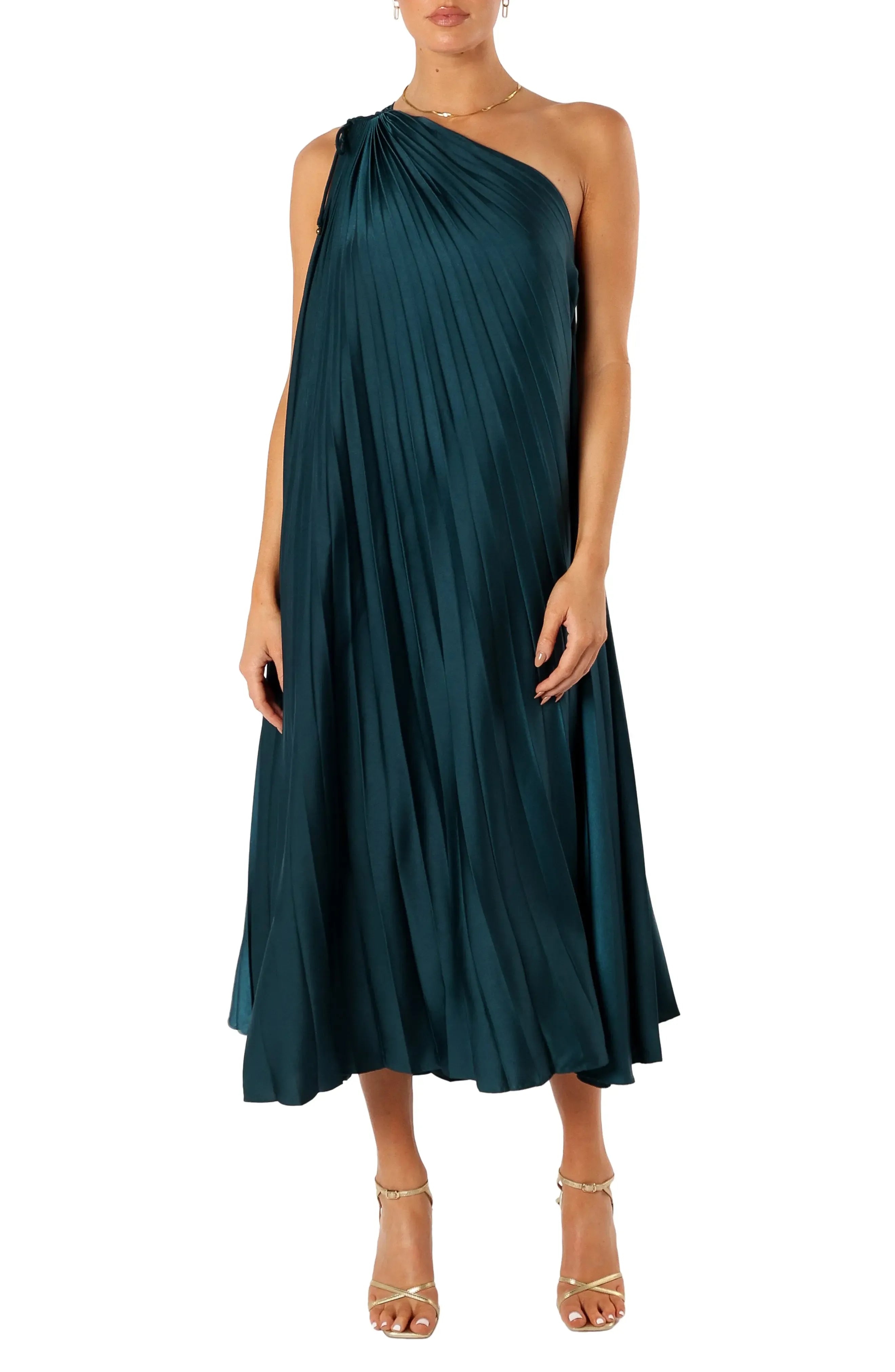 Luxe Flowy One Shoulder Sleeveless Ruched Back Midi Evening Dress