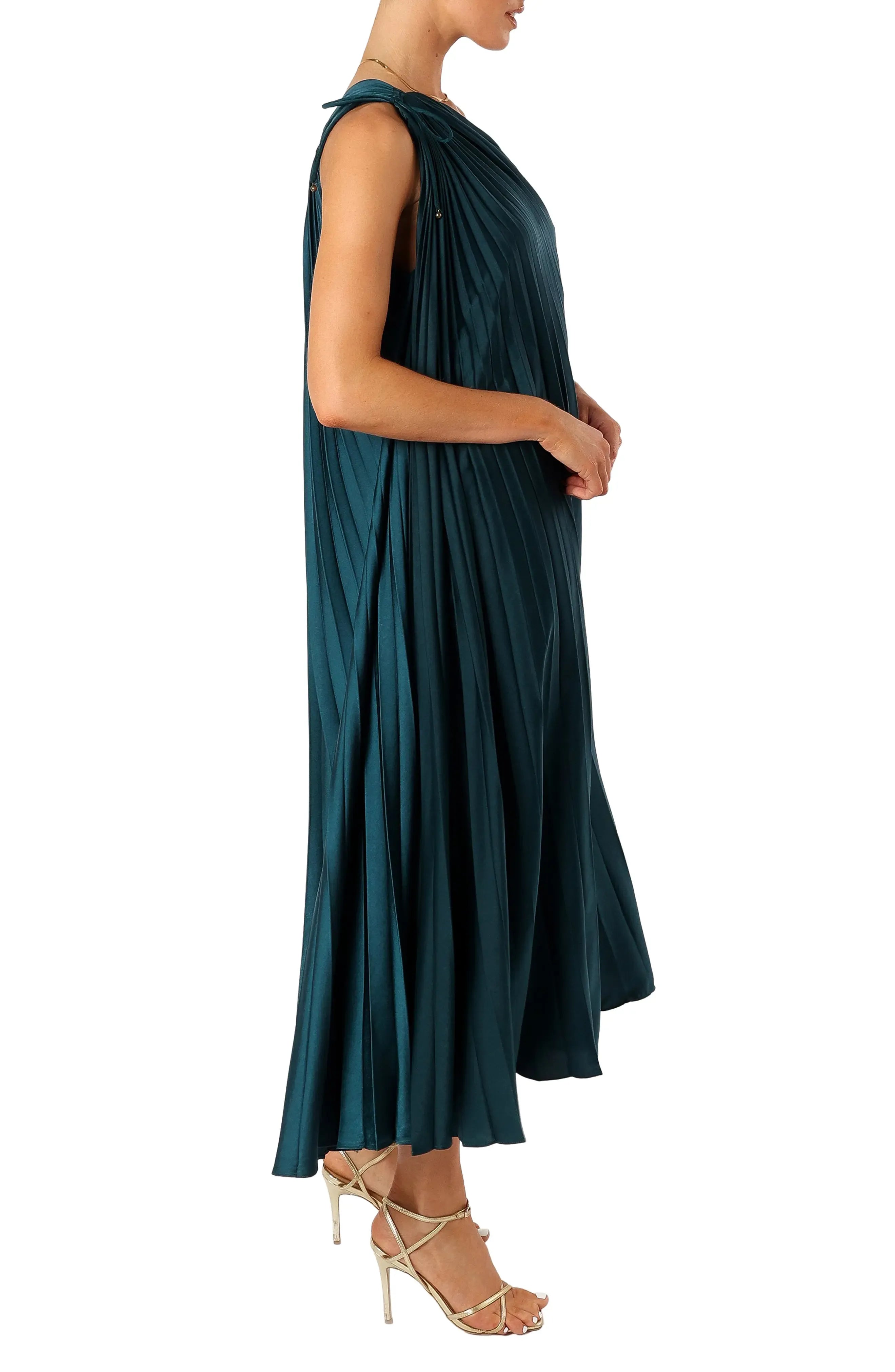 Luxe Flowy One Shoulder Sleeveless Ruched Back Midi Evening Dress