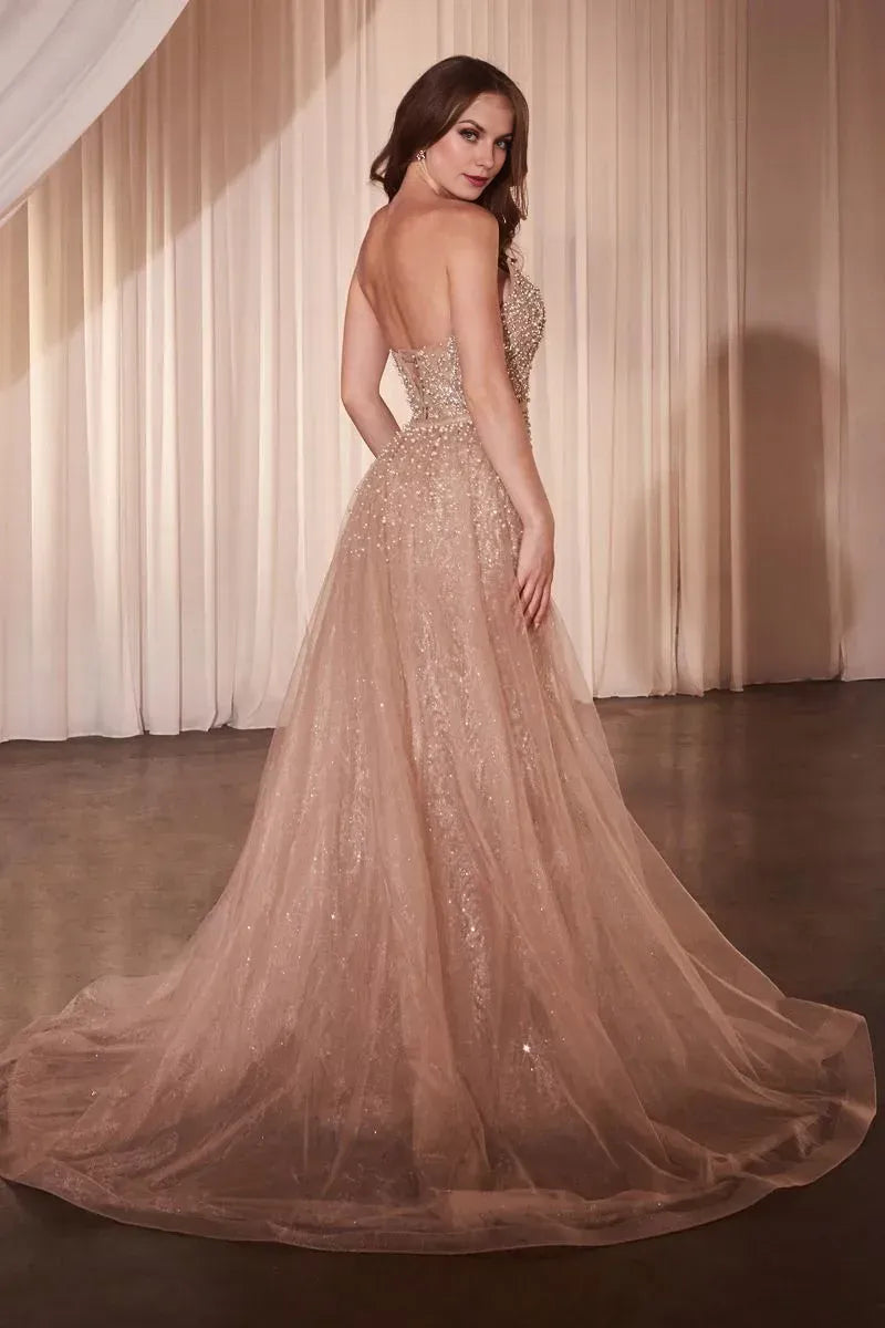 Luxe Mermaid Deep V Strapless Open Back Train Length Prom Dress