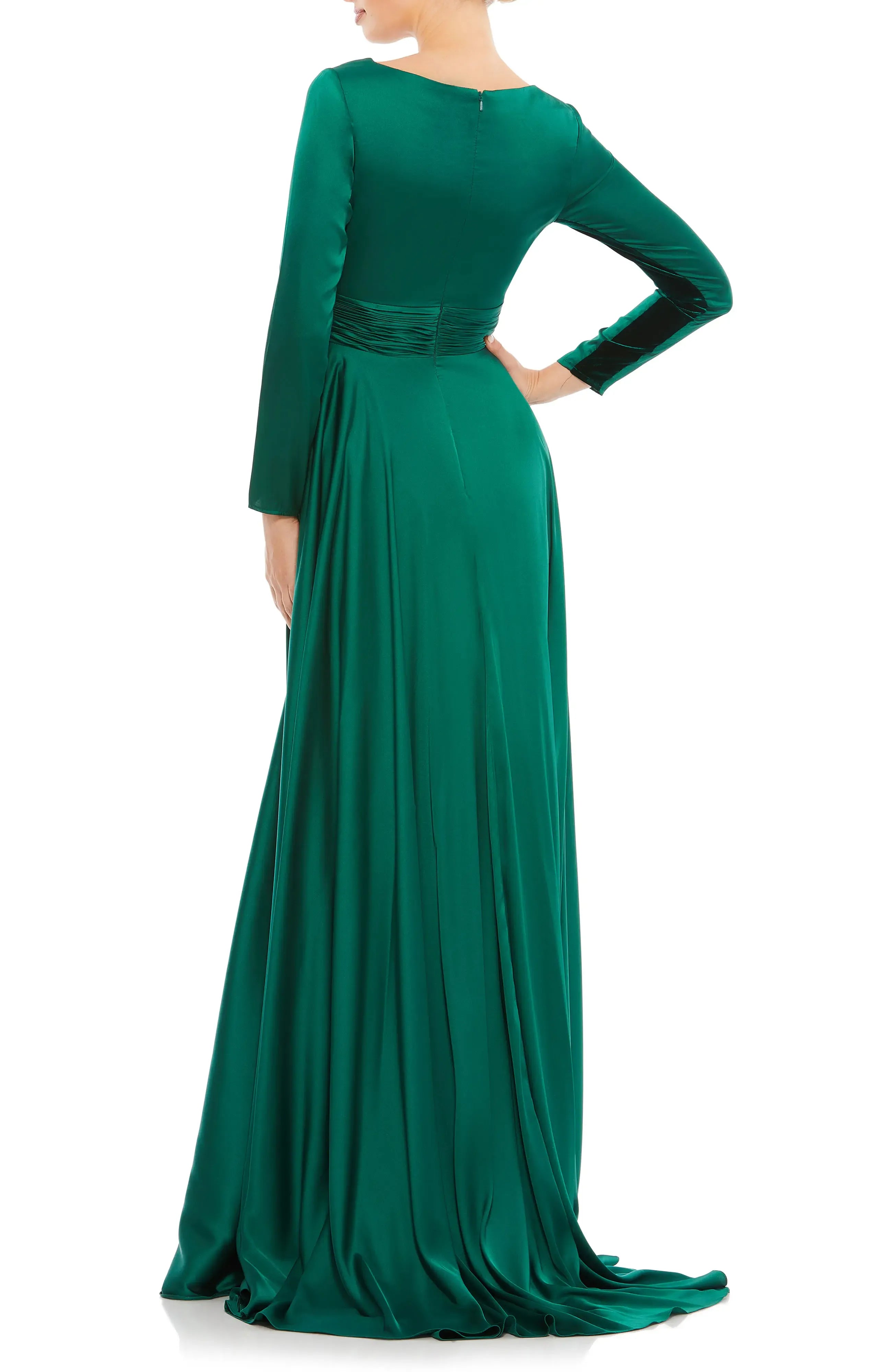 Luxe Ruched A-Line Deep V Neck Long Sleeve Zipper Back Floor Length For Adults Prom Dress