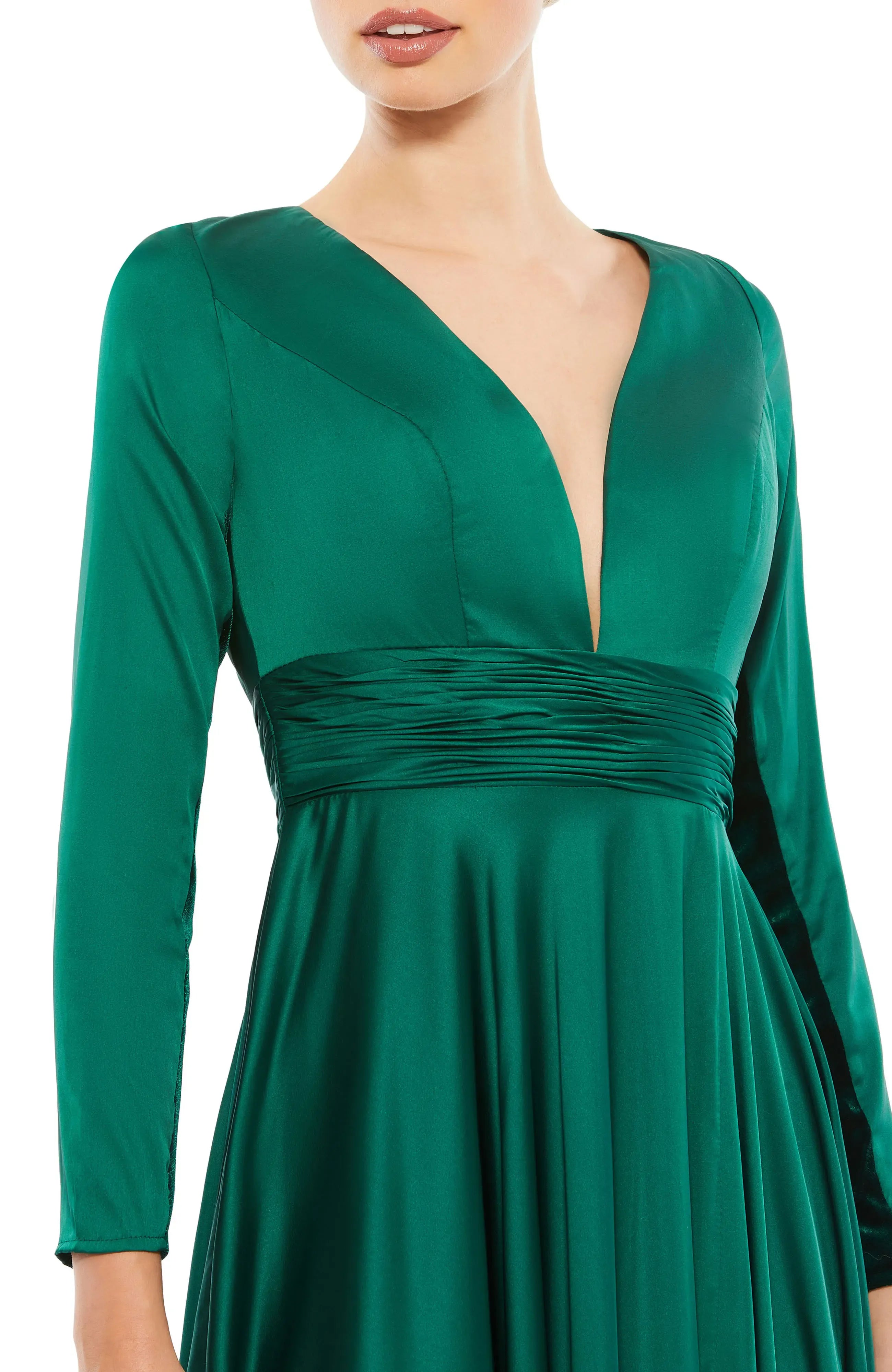 Luxe Ruched A-Line Deep V Neck Long Sleeve Zipper Back Floor Length For Adults Prom Dress