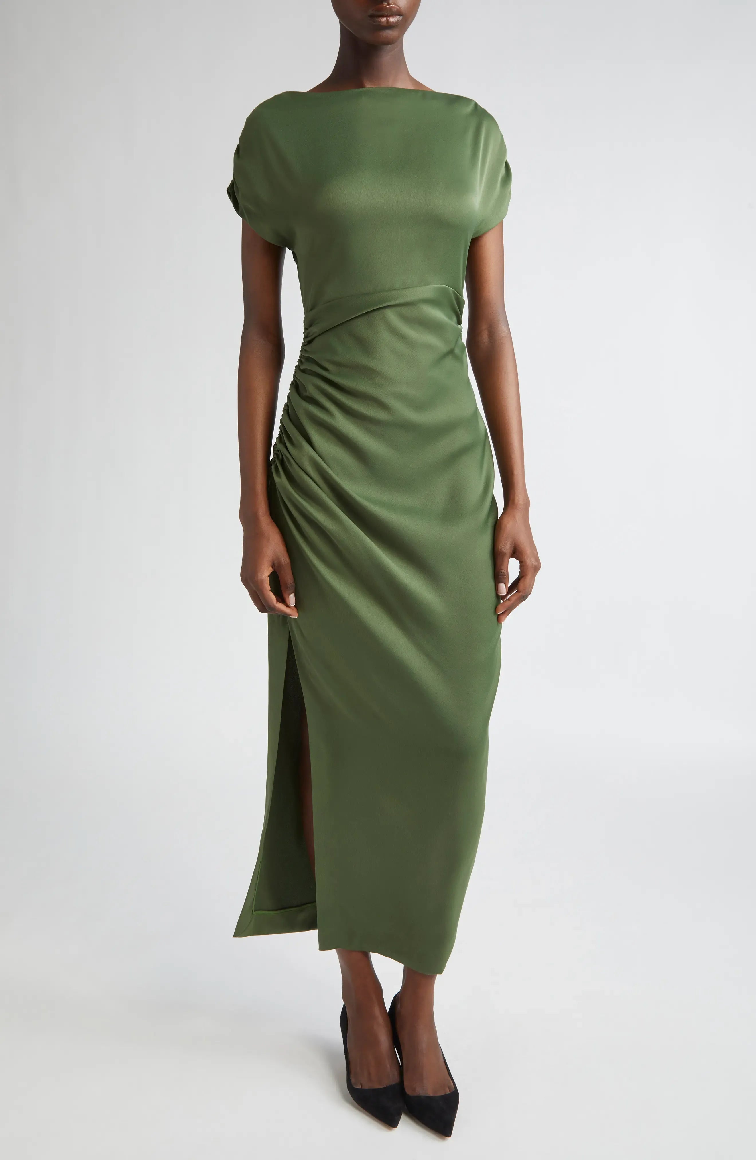 Luxe Ruched Boat Neck Puff Sleeve Zipper Back Asymmetrical Midi For Women Prom Dress