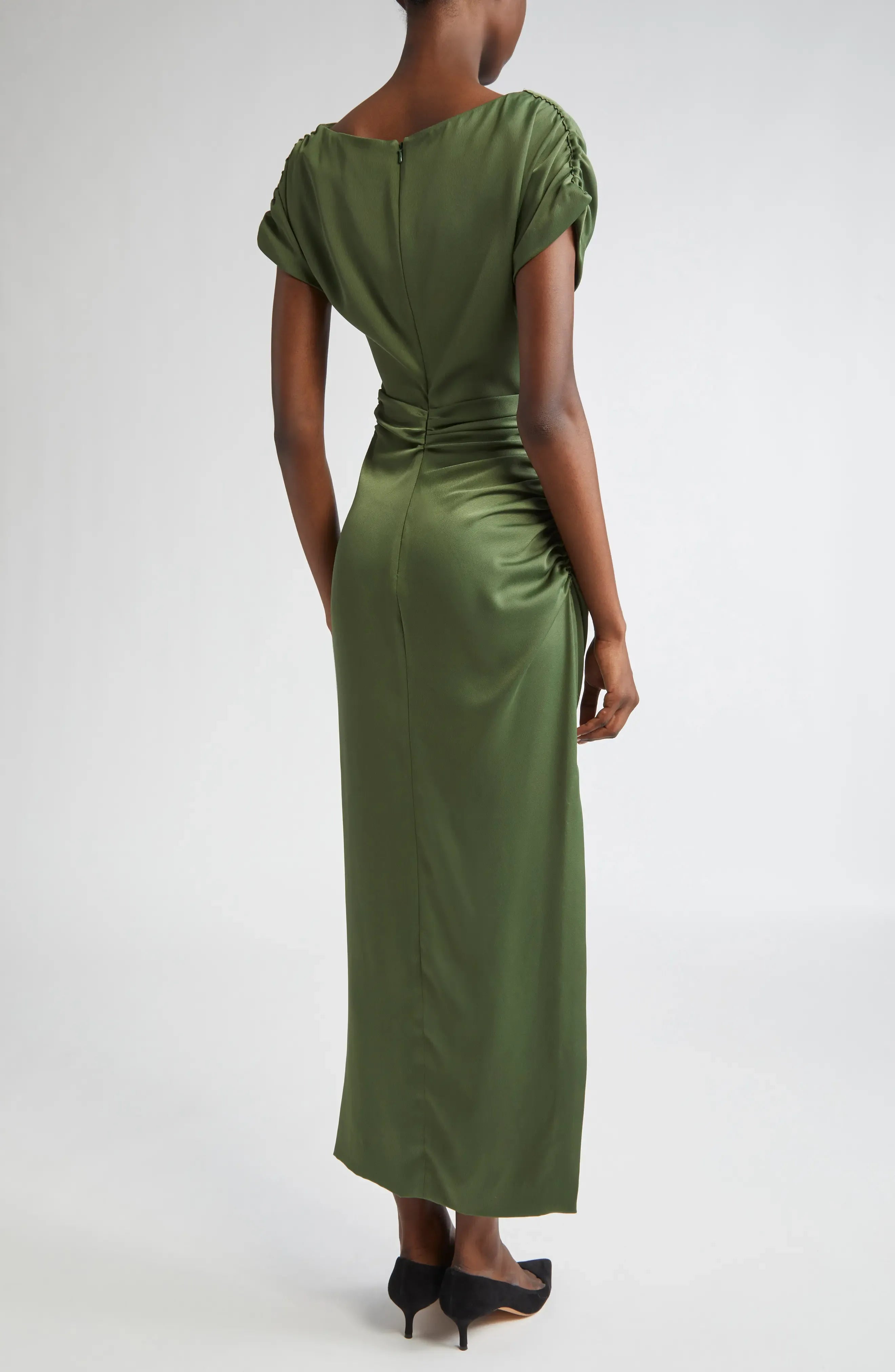 Luxe Ruched Boat Neck Puff Sleeve Zipper Back Asymmetrical Midi For Women Prom Dress
