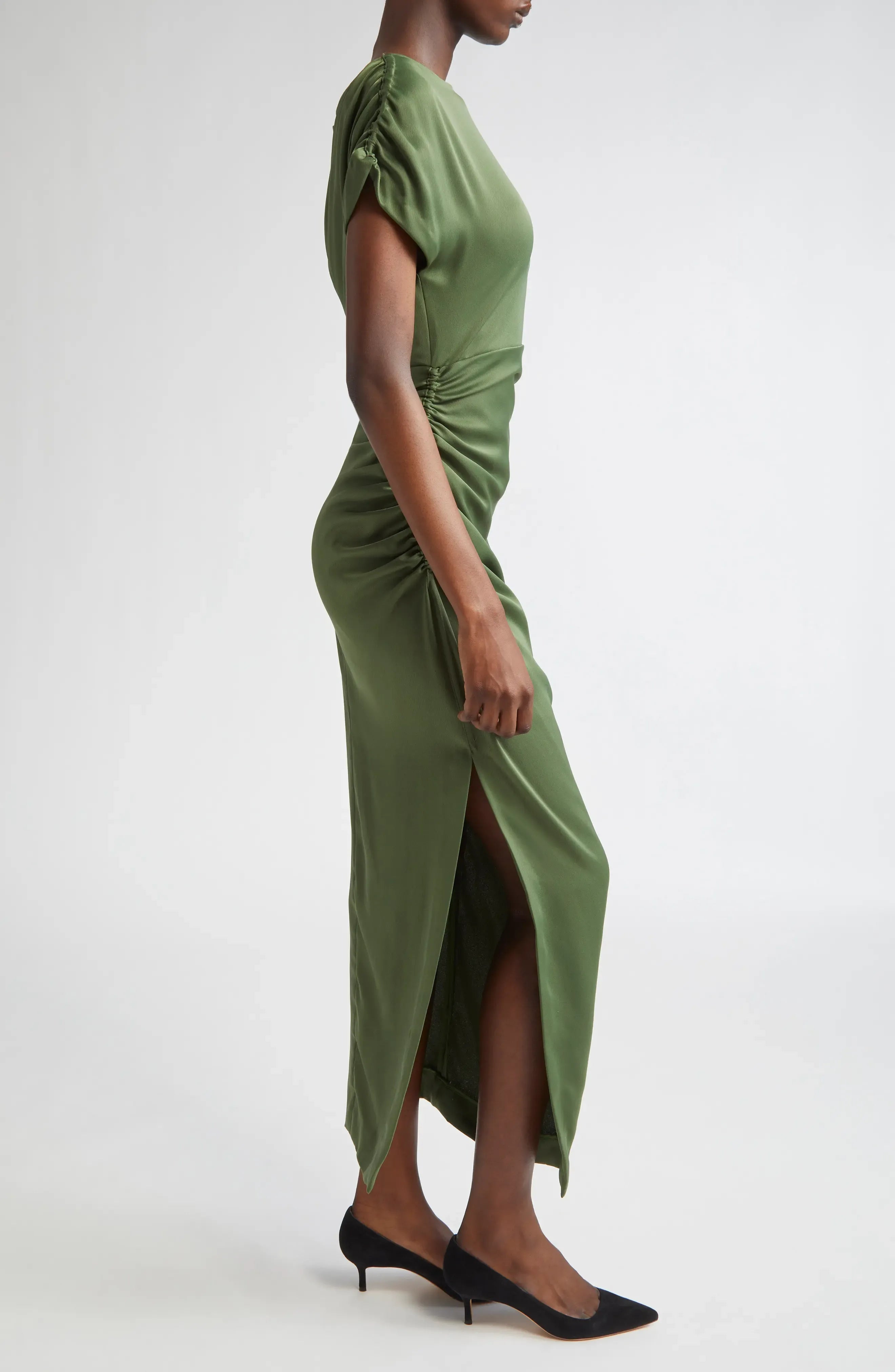 Luxe Ruched Boat Neck Puff Sleeve Zipper Back Asymmetrical Midi For Women Prom Dress