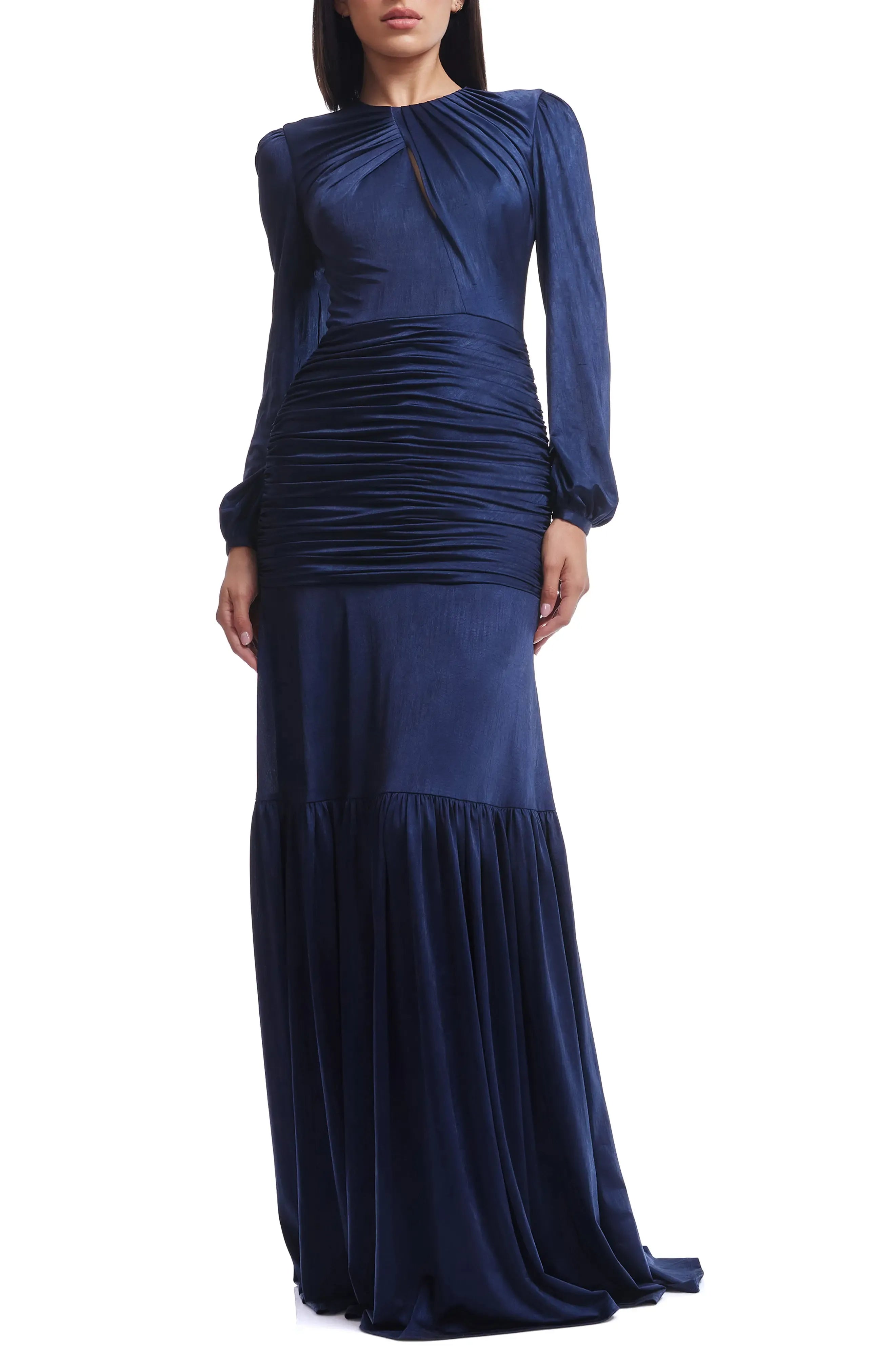 Luxe Ruched Mermaid Crew Neck Long Sleeve Solid Back Floor Length For Ladies Prom Dress