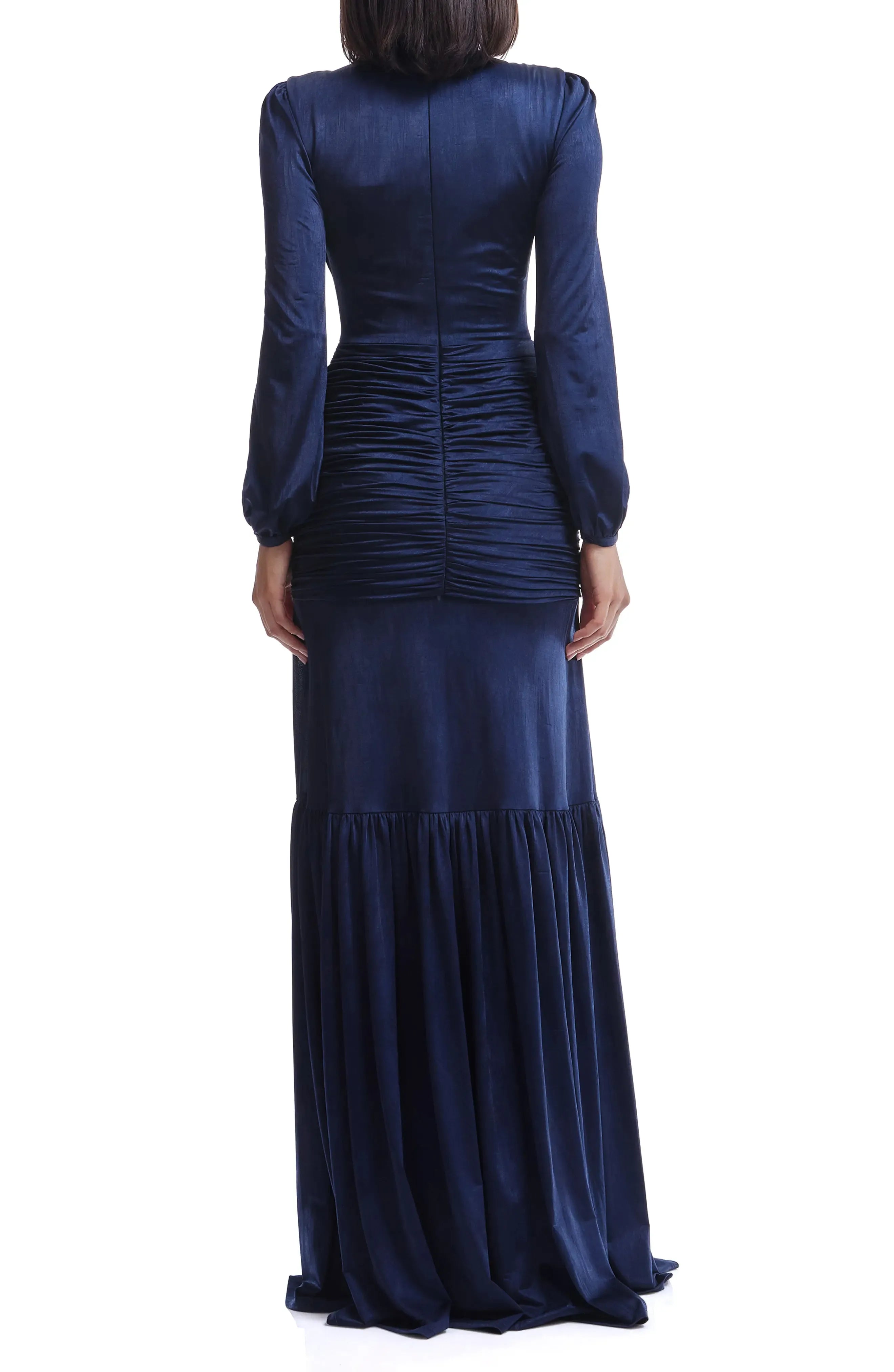 Luxe Ruched Mermaid Crew Neck Long Sleeve Solid Back Floor Length For Ladies Prom Dress