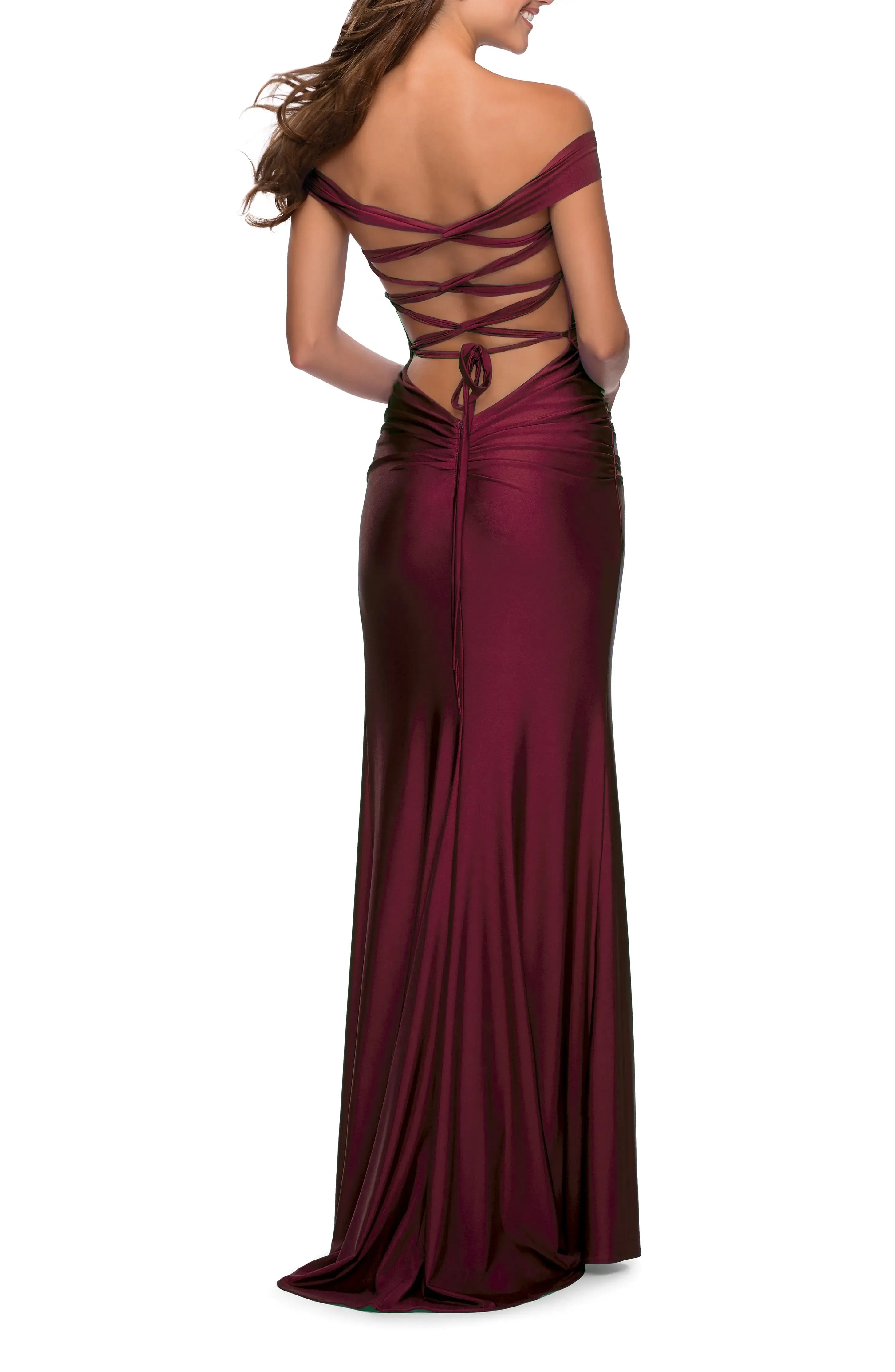 Luxe Ruched Off the Shoulder Short Sleeve Lace Up Back Floor Length For Adults Evening Dress
