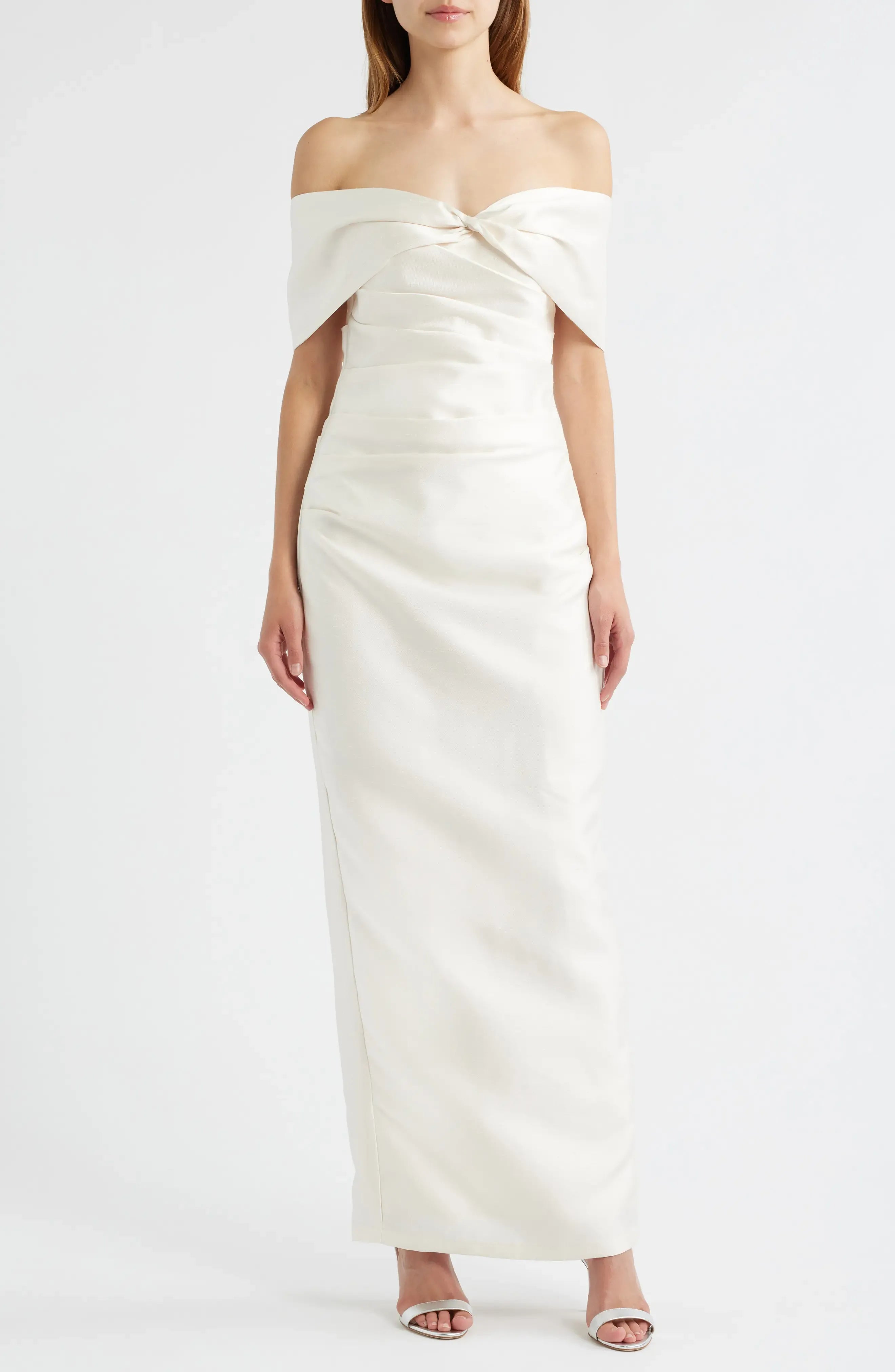 Luxe Ruched Off the Shoulder Sleeveless Zipper Back Floor Length Female Evening Dress