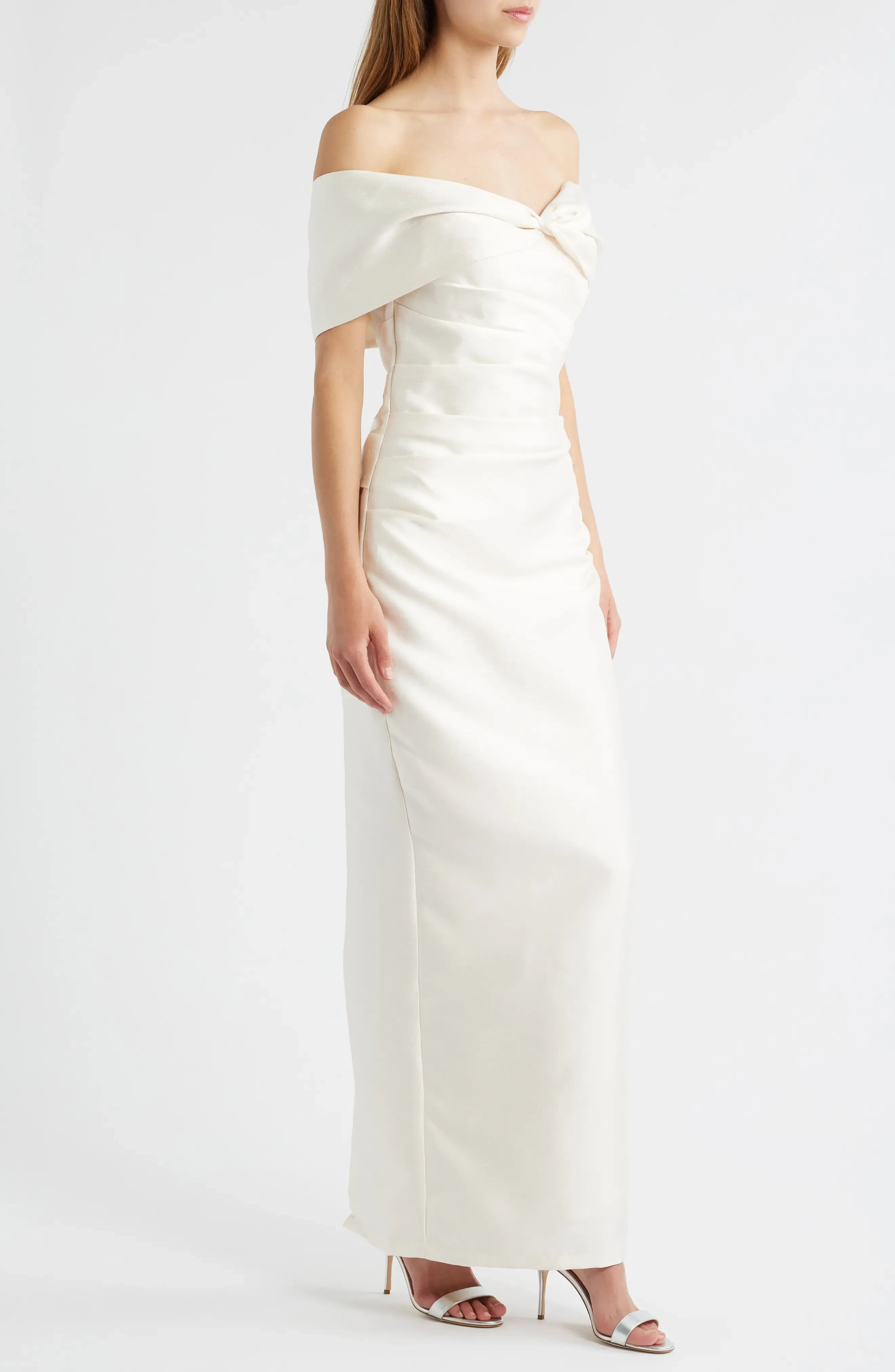 Luxe Ruched Off the Shoulder Sleeveless Zipper Back Floor Length Female Evening Dress