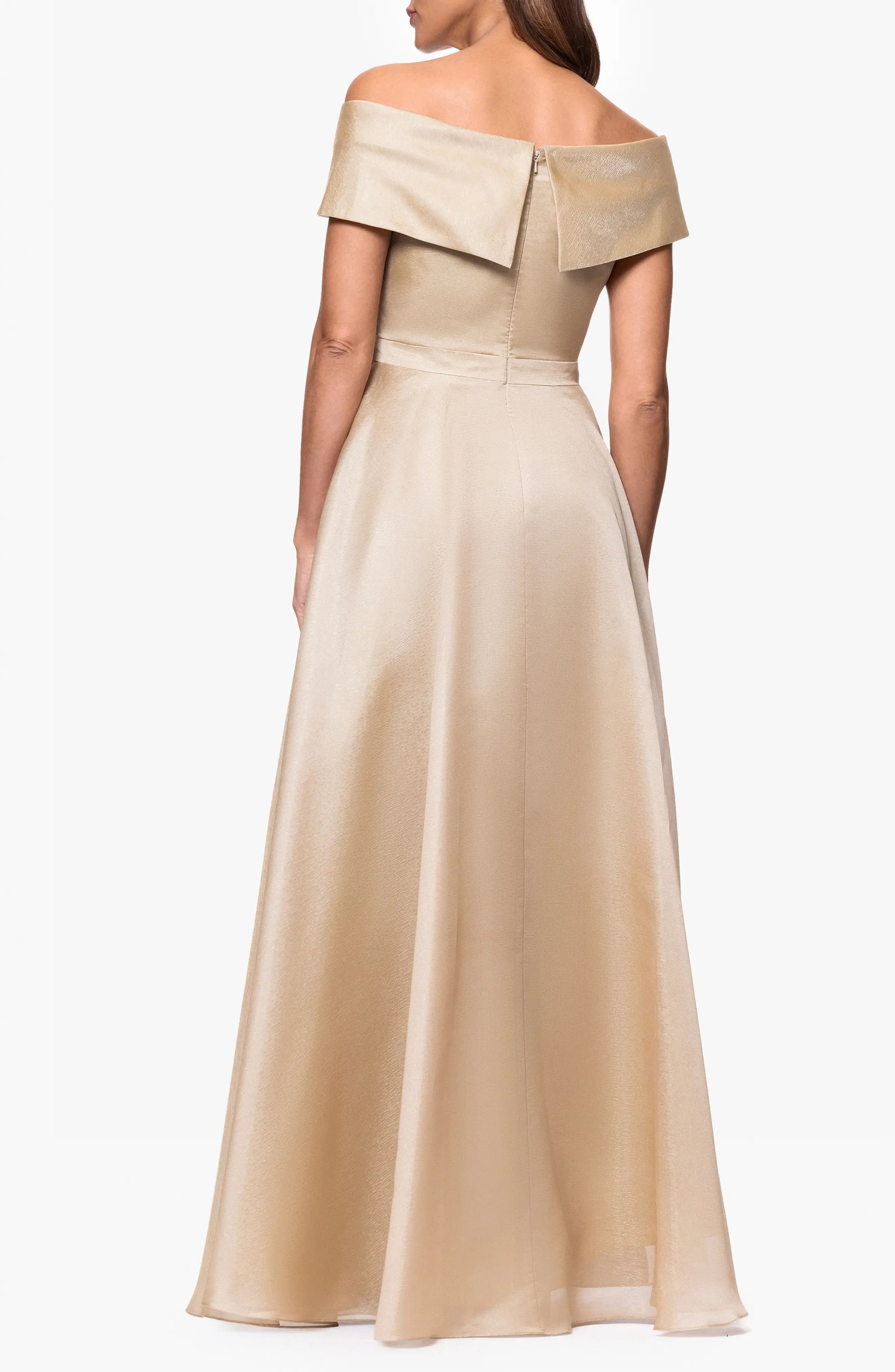 Luxe Satin A-Line Off the Shoulder Short Sleeve Zipper Back Floor Length For Women Prom Dress