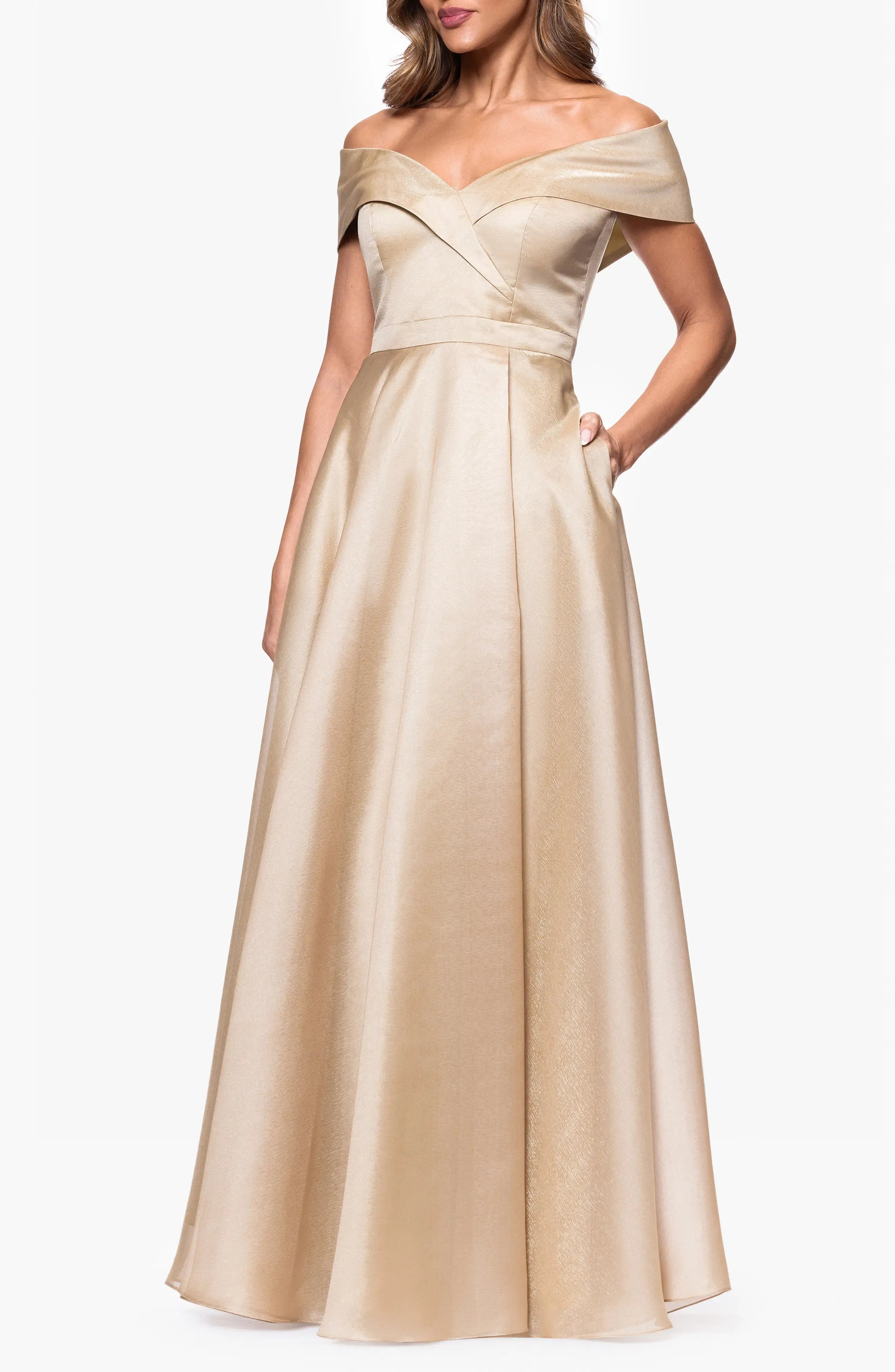 Luxe Satin A-Line Off the Shoulder Short Sleeve Zipper Back Floor Length For Women Prom Dress