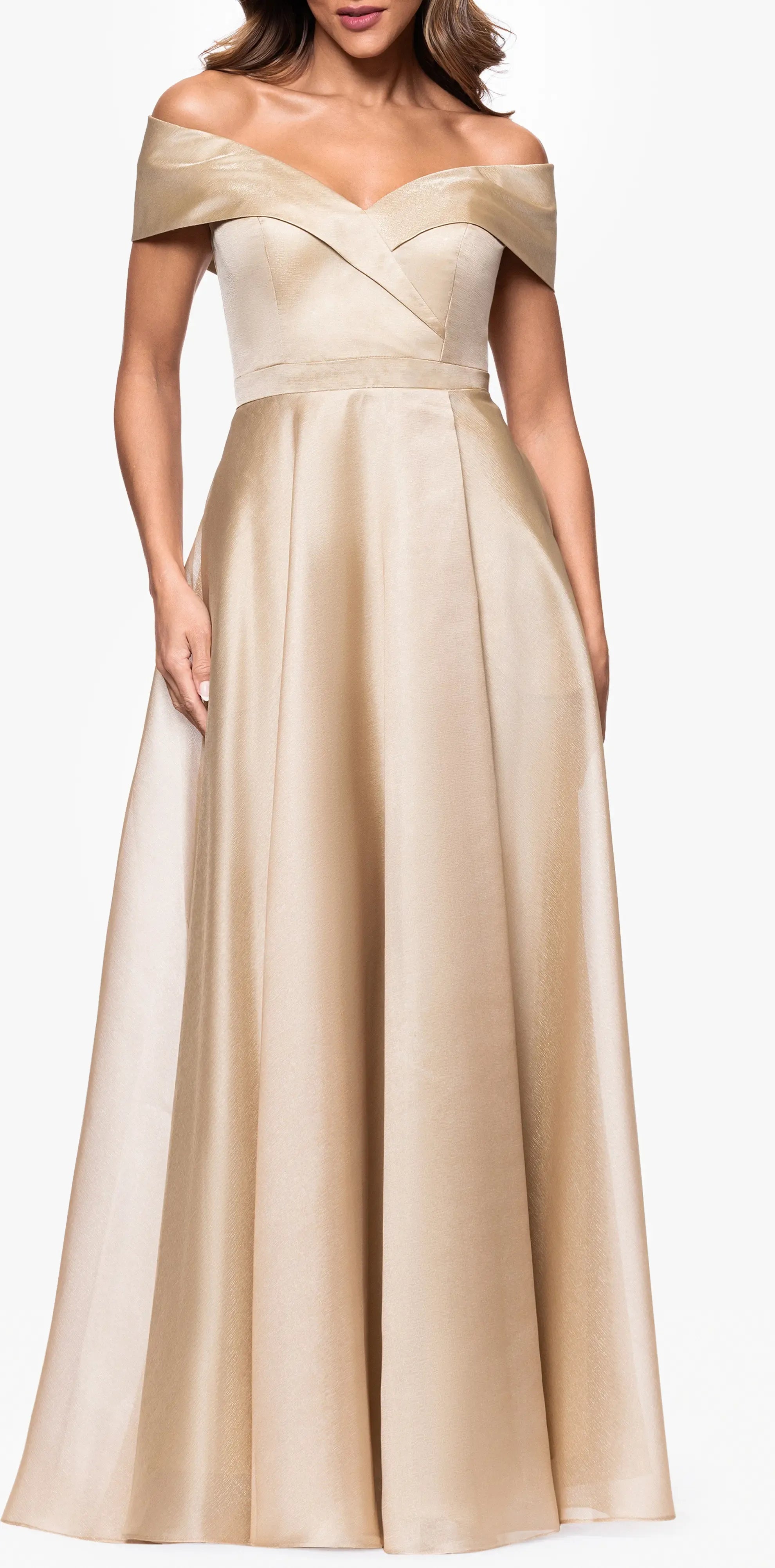 Luxe Satin A-Line Off the Shoulder Short Sleeve Zipper Back Floor Length For Women Prom Dress