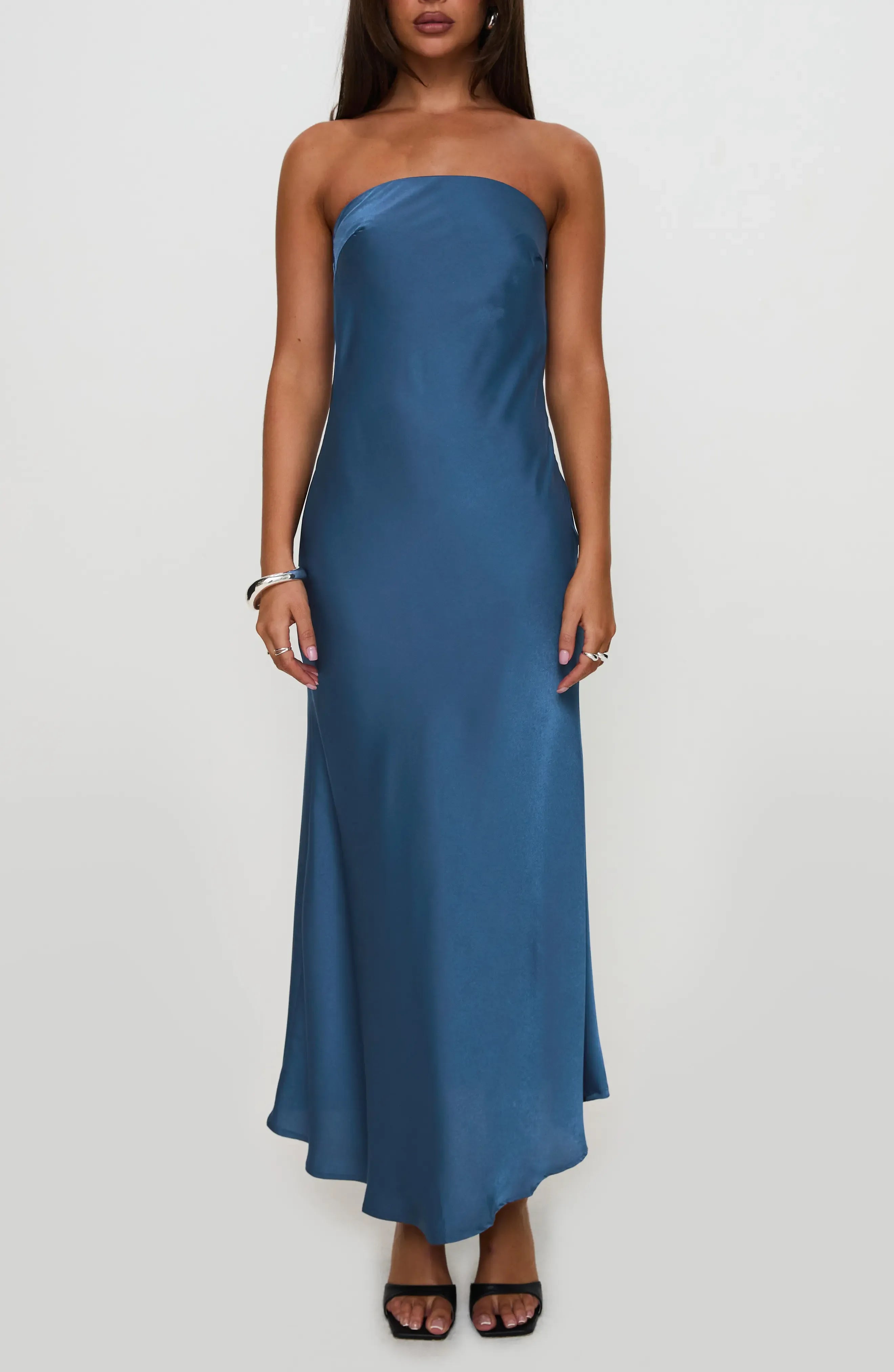 Luxe Satin A-Line Strapless Sleeveless Tie Back Midi Length For Adults Prom Dress