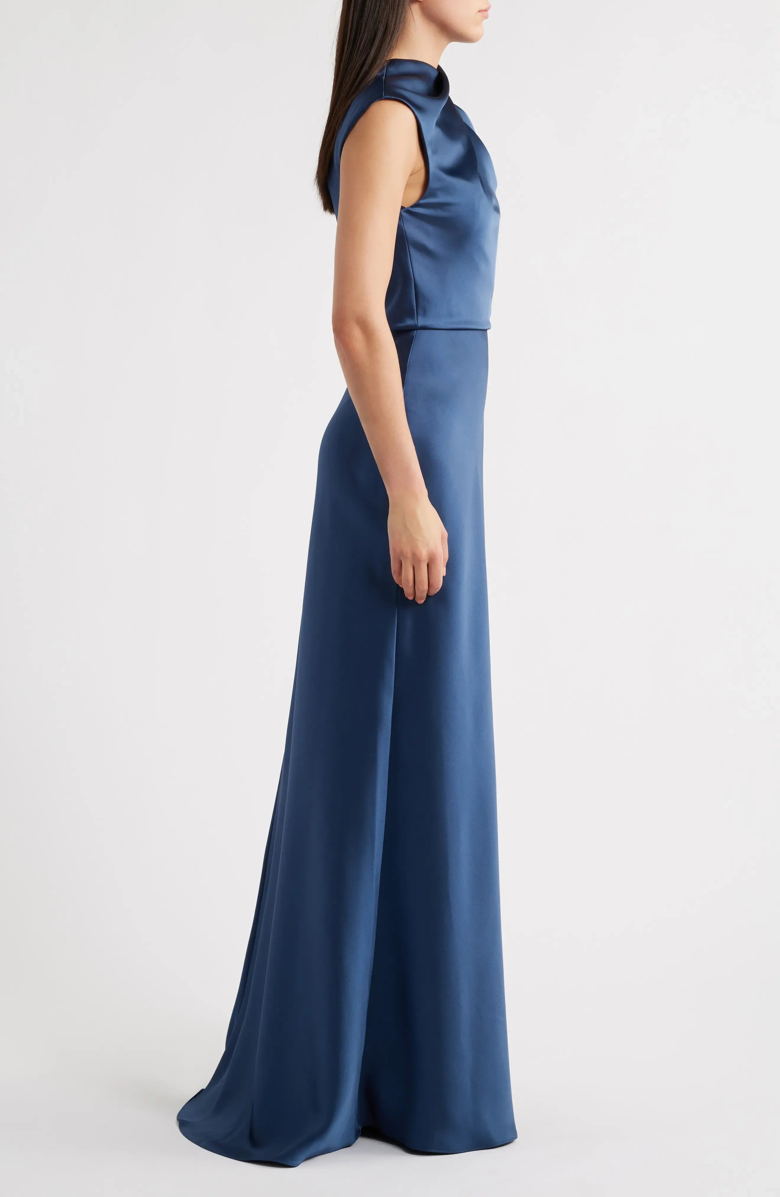 Luxe Satin Fitted Cowl Neck Sleeveless Zipper Back Floor Length Hot Sale Evening Dress