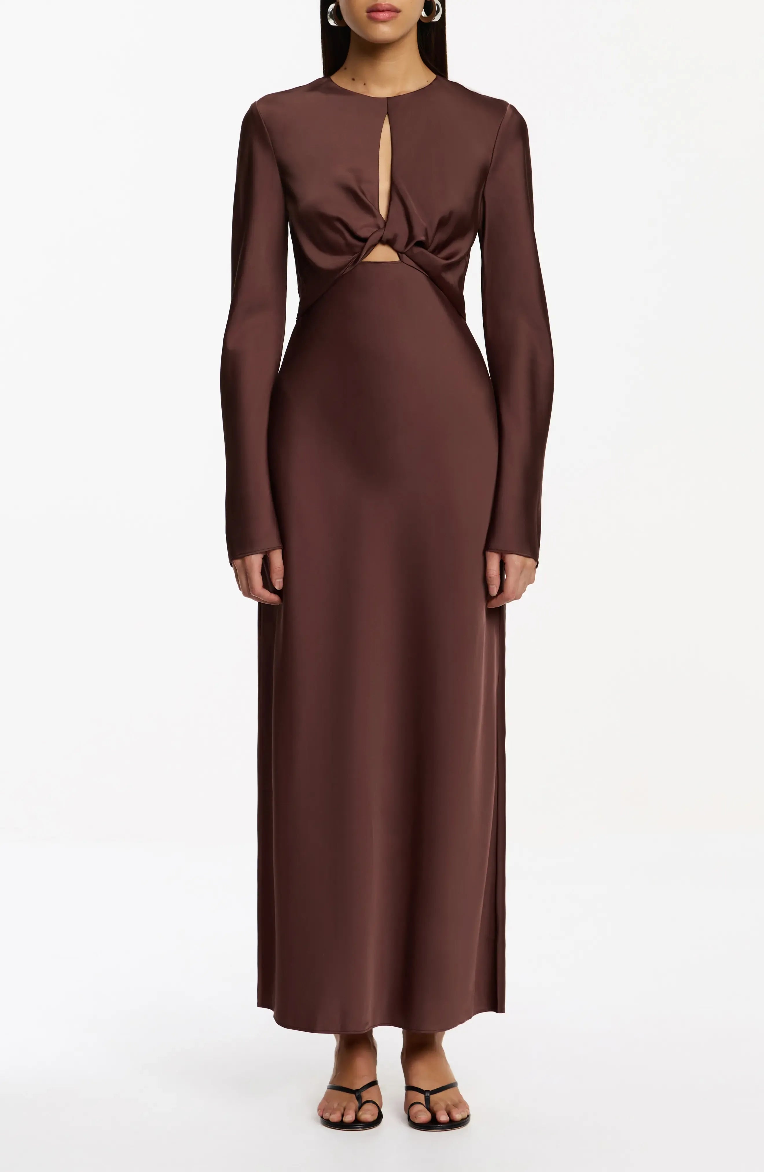 Luxe Satin Fitted Keyhole Neck Long Sleeve Zipper Back Midi Length For Adults Evening Dress