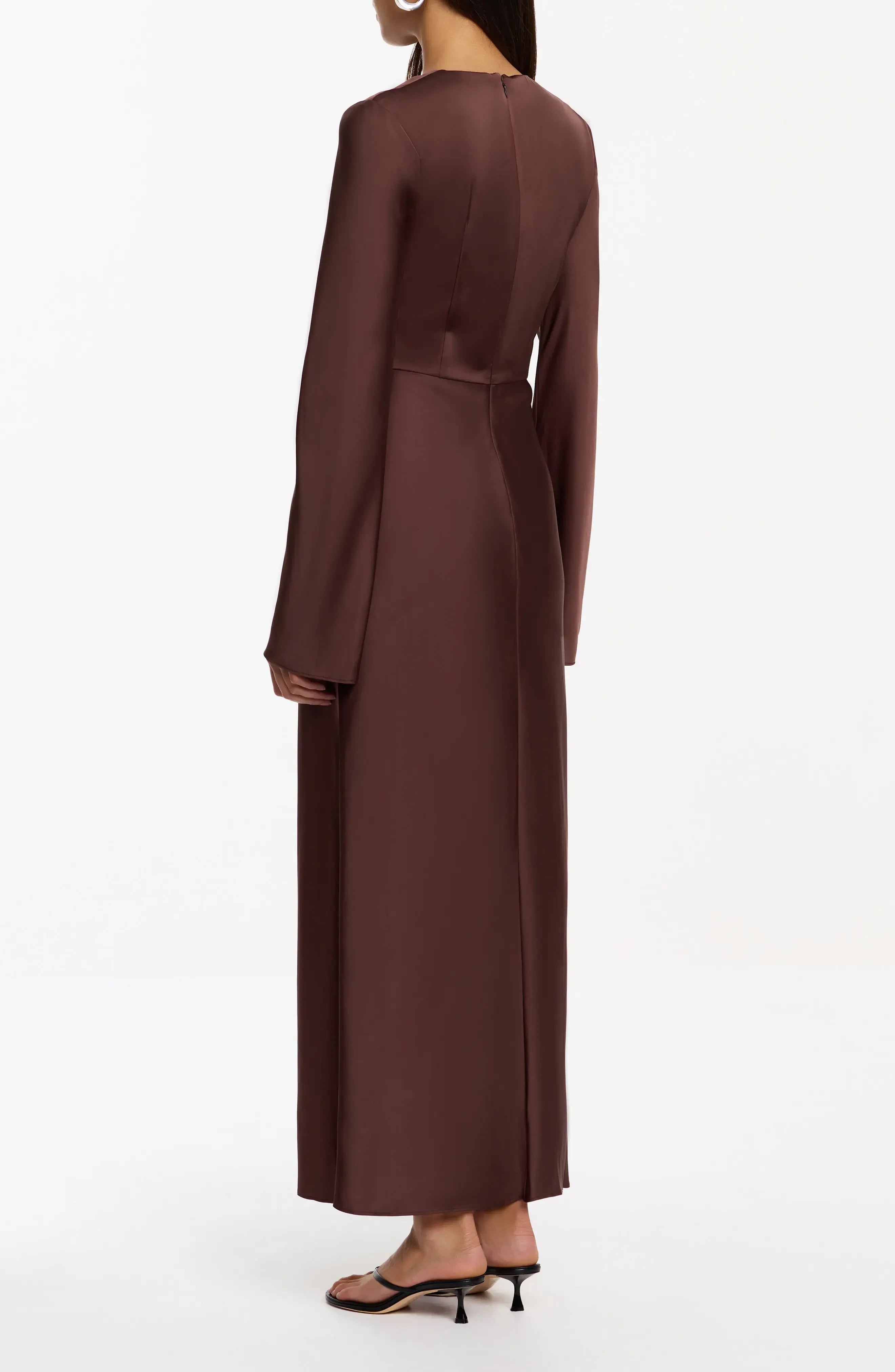 Luxe Satin Fitted Keyhole Neck Long Sleeve Zipper Back Midi Length For Adults Evening Dress