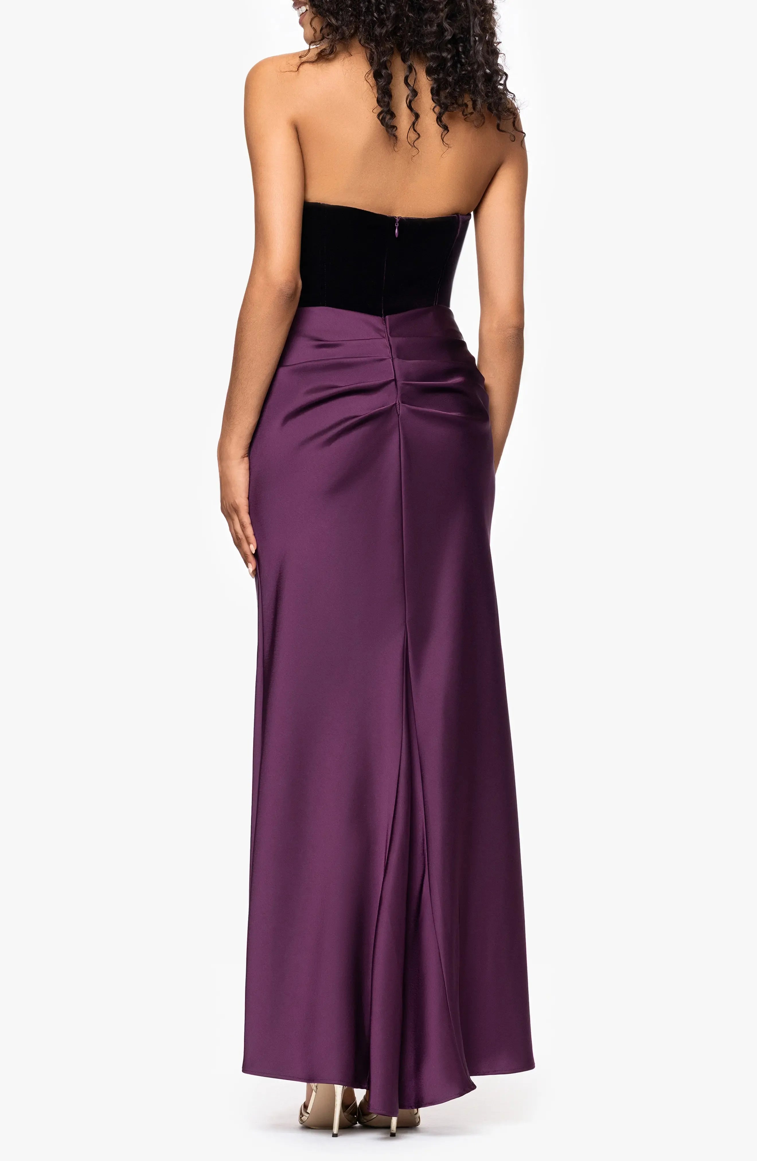 Luxe Two Tone Ruched Strapless Sleeveless Zipper Back Floor Length For Adults Evening Dress