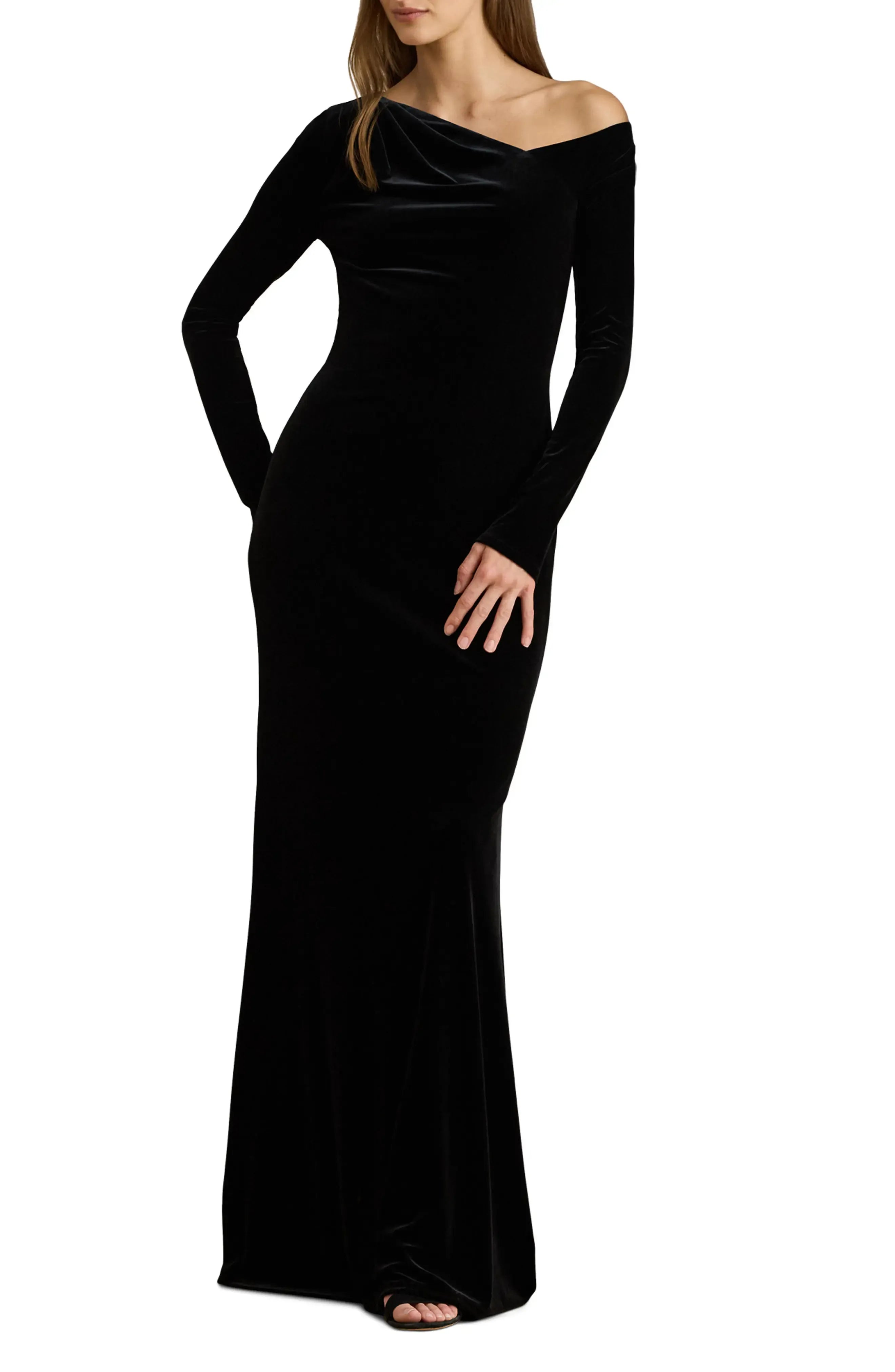 Luxe Velvet Mermaid One Shoulder Long Sleeve Zipper Back Floor Length For Adults Prom Dress