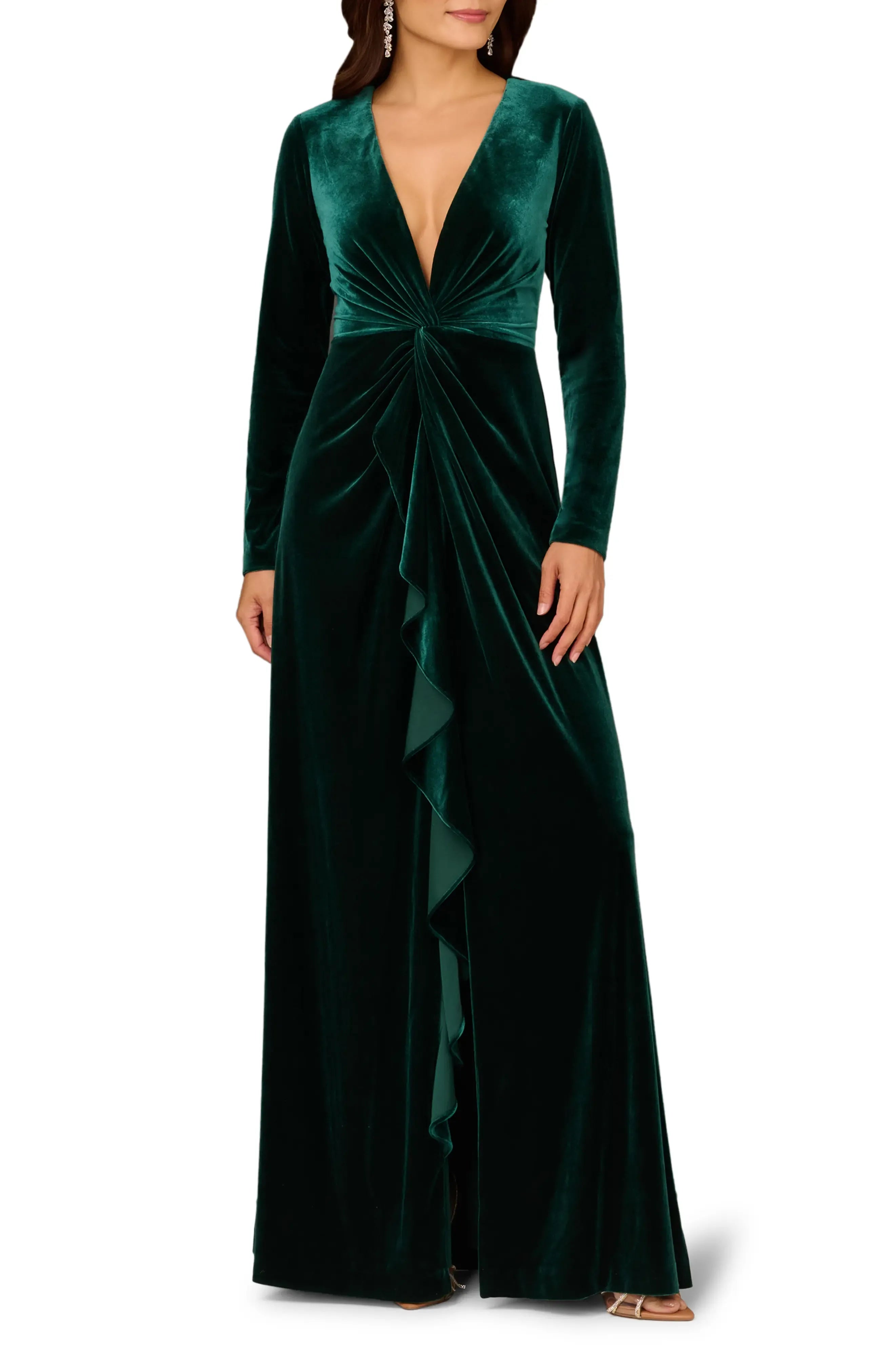 Luxe Velvet Sheath Deep V Neck Long Sleeve Zipper Back Floor Length For Adults Prom Dress