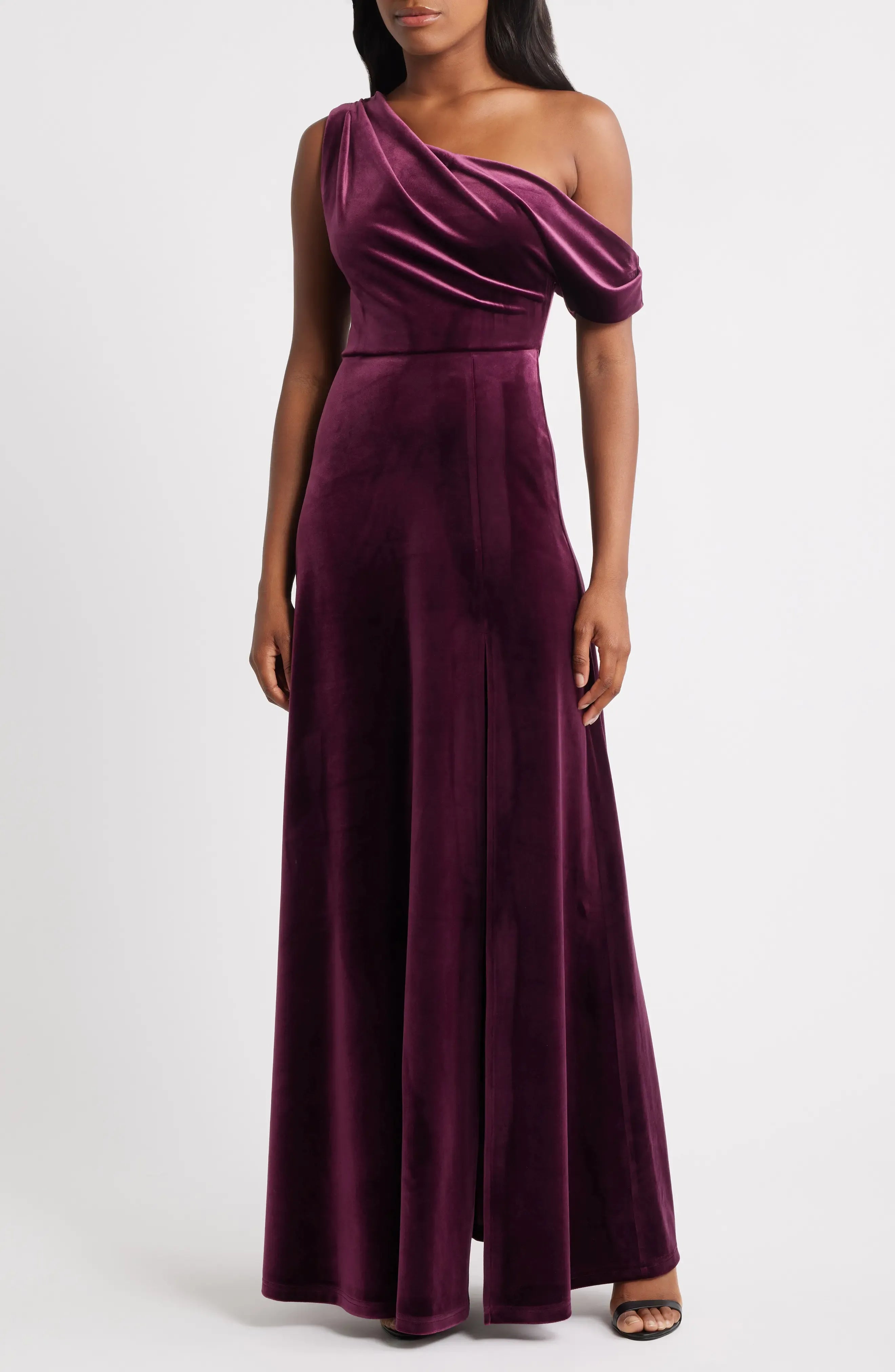 Luxurious A-Line One Shoulder Sleeveless Ruched Back Maxi Hot Sale Evening Dress