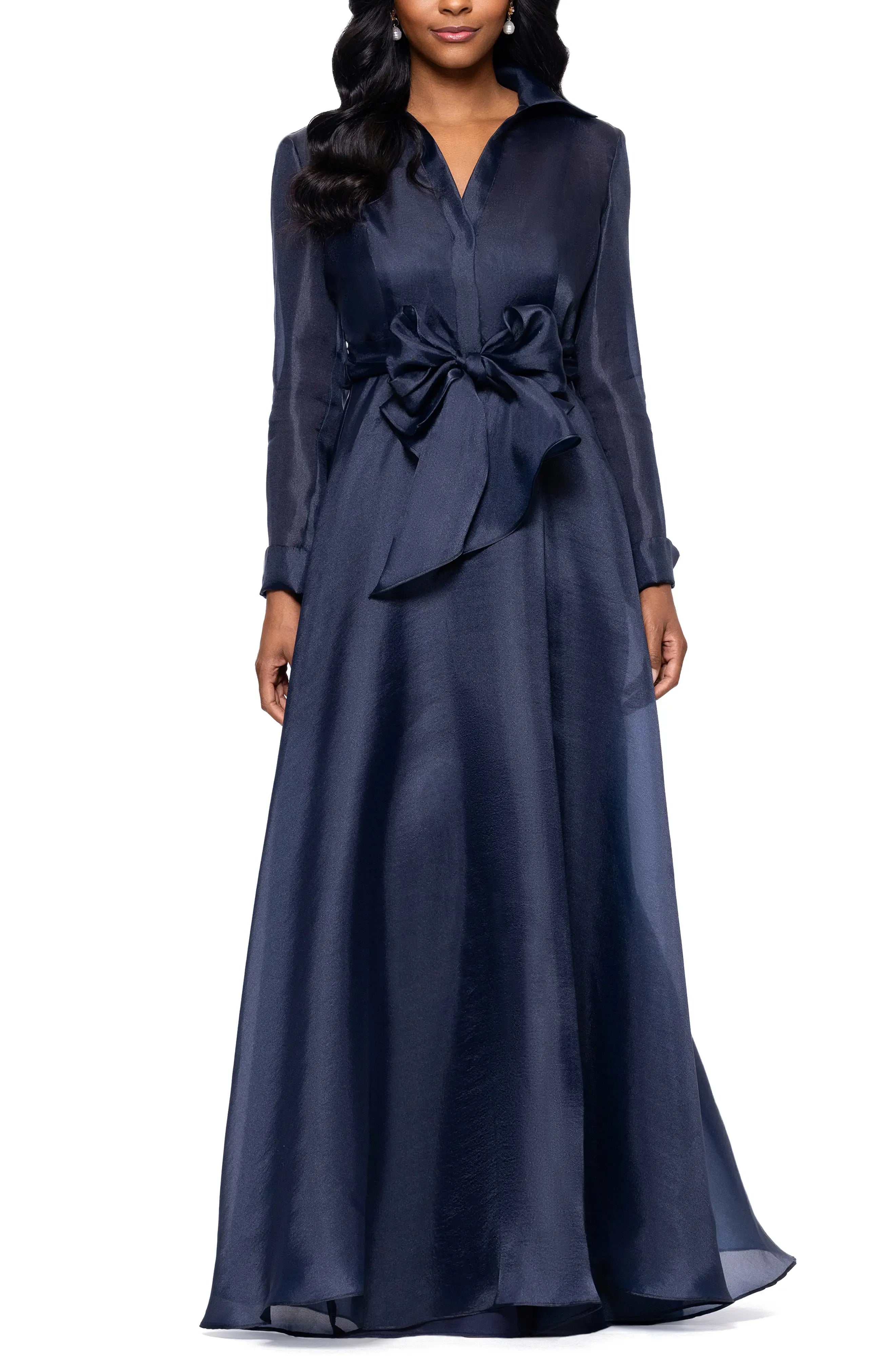 Luxurious Flowy Collared Long Sleeve Open Back Floor Length For Adults Prom Dress ﻿
