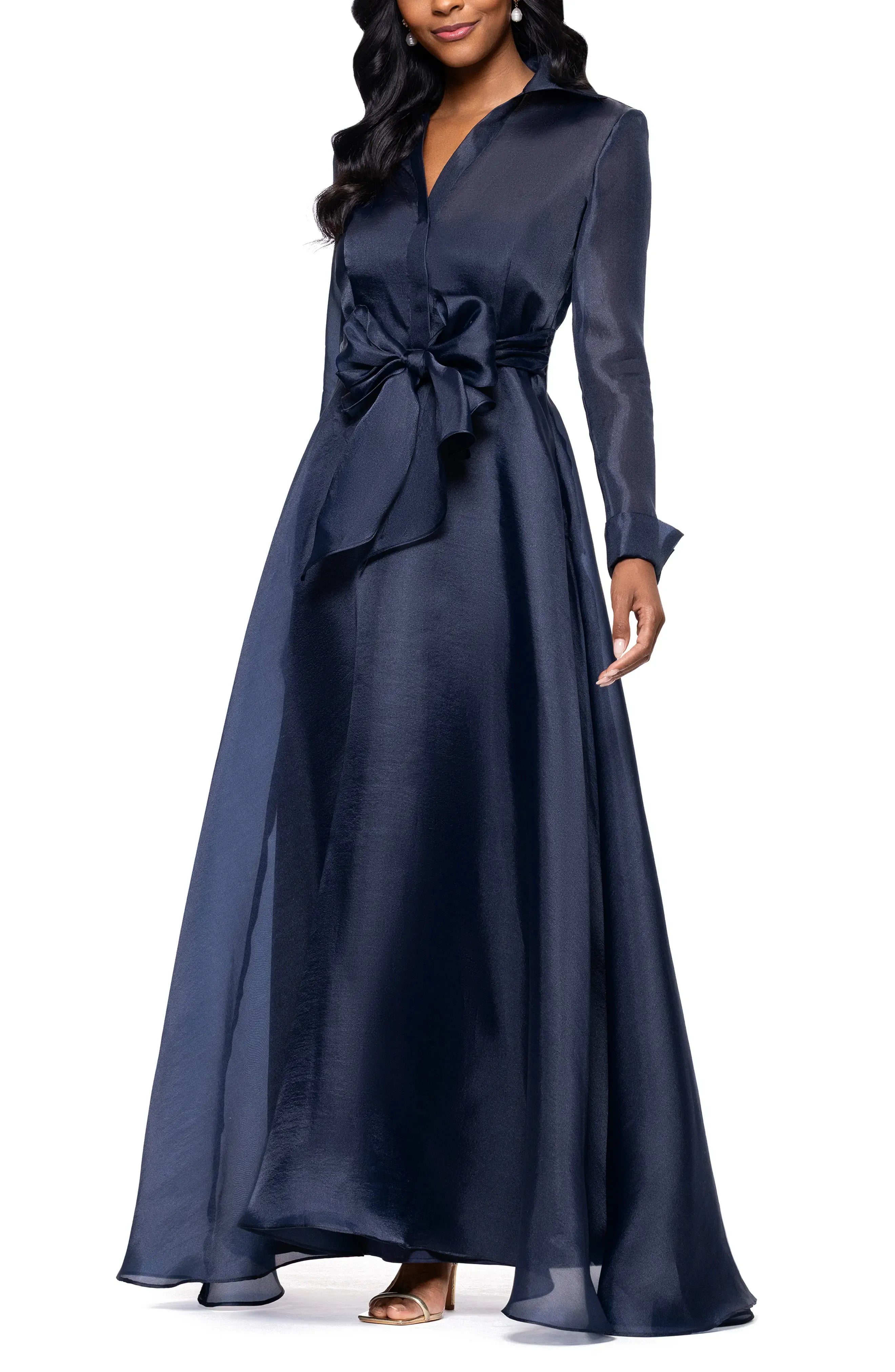Luxurious Flowy Collared Long Sleeve Open Back Floor Length For Adults Prom Dress ﻿
