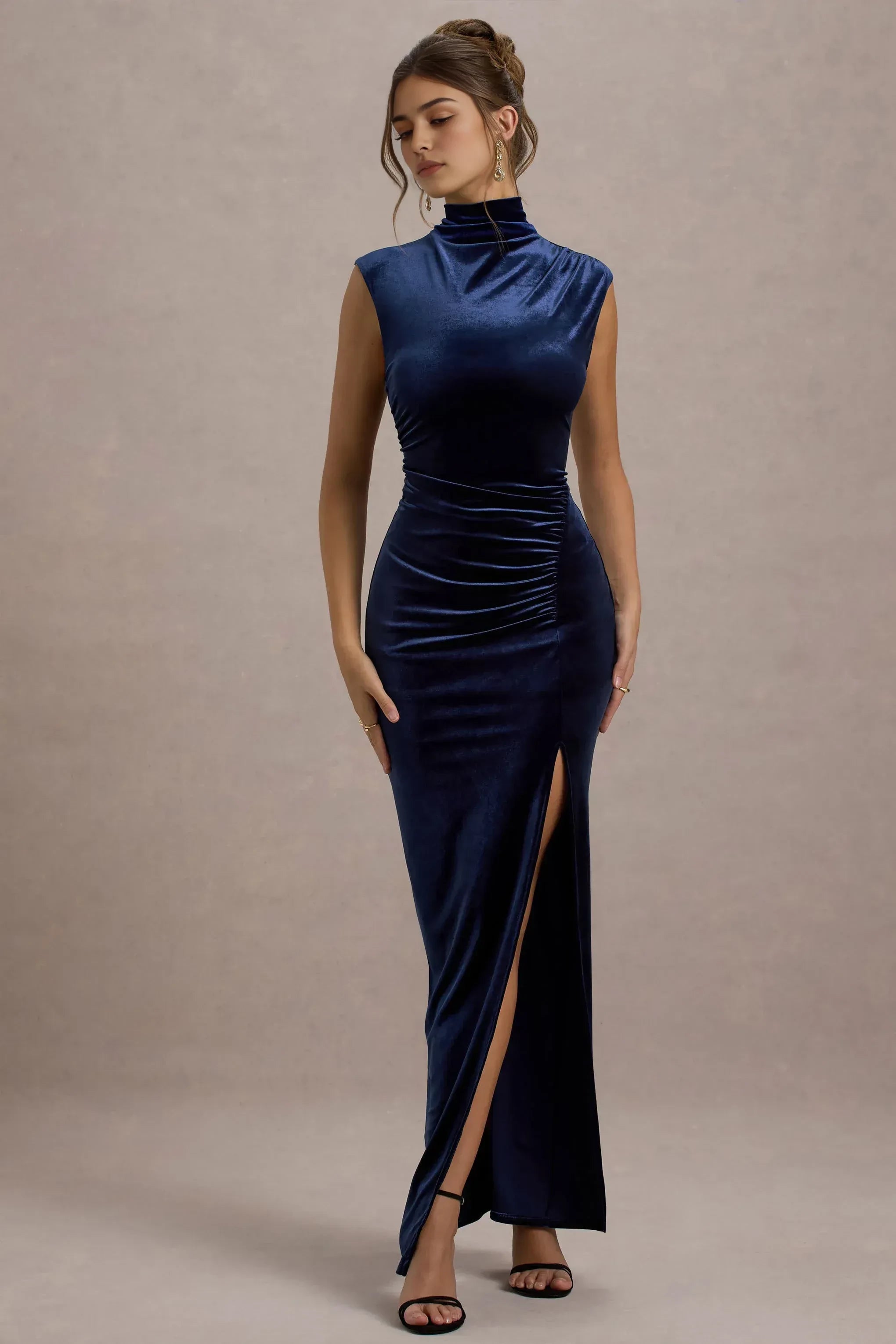 Luxurious Mermaid High Neck Sleeveless Ruched High Slit Floor Length Prom Dress