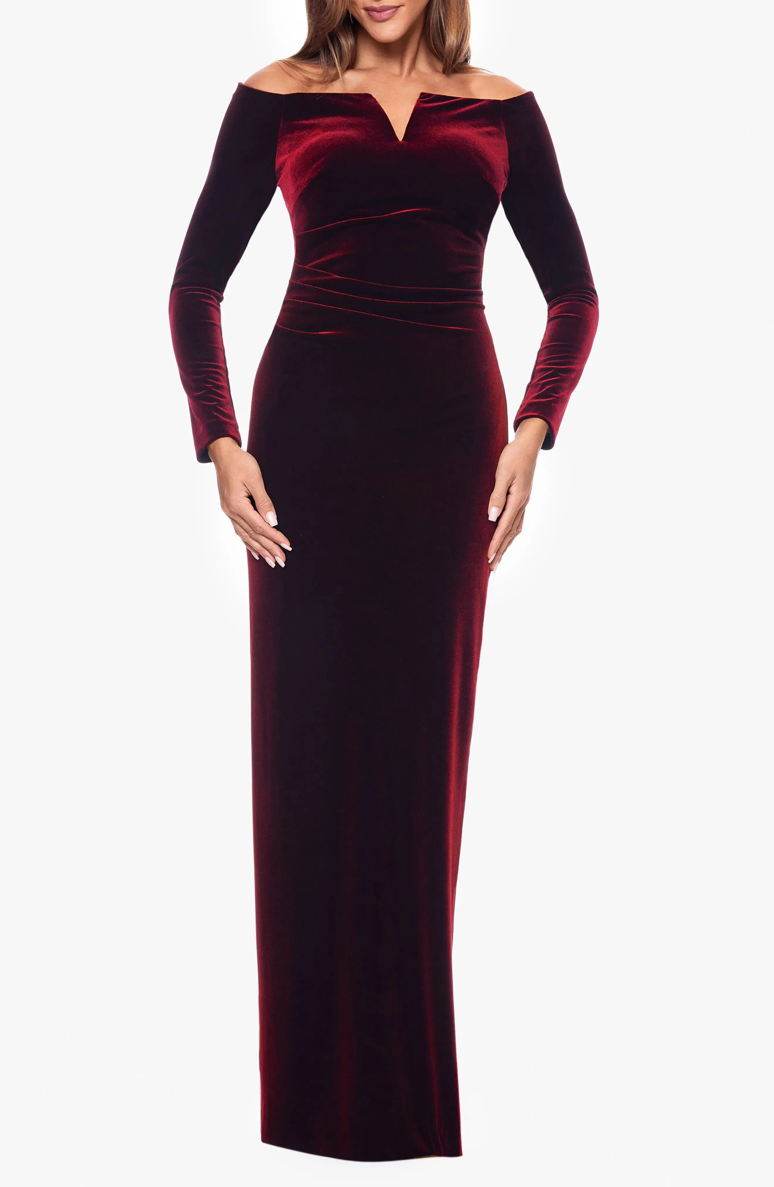Luxurious Sheath Off Shoulder Long Sleeve Ruched Back Maxi For Adults Evening Dress