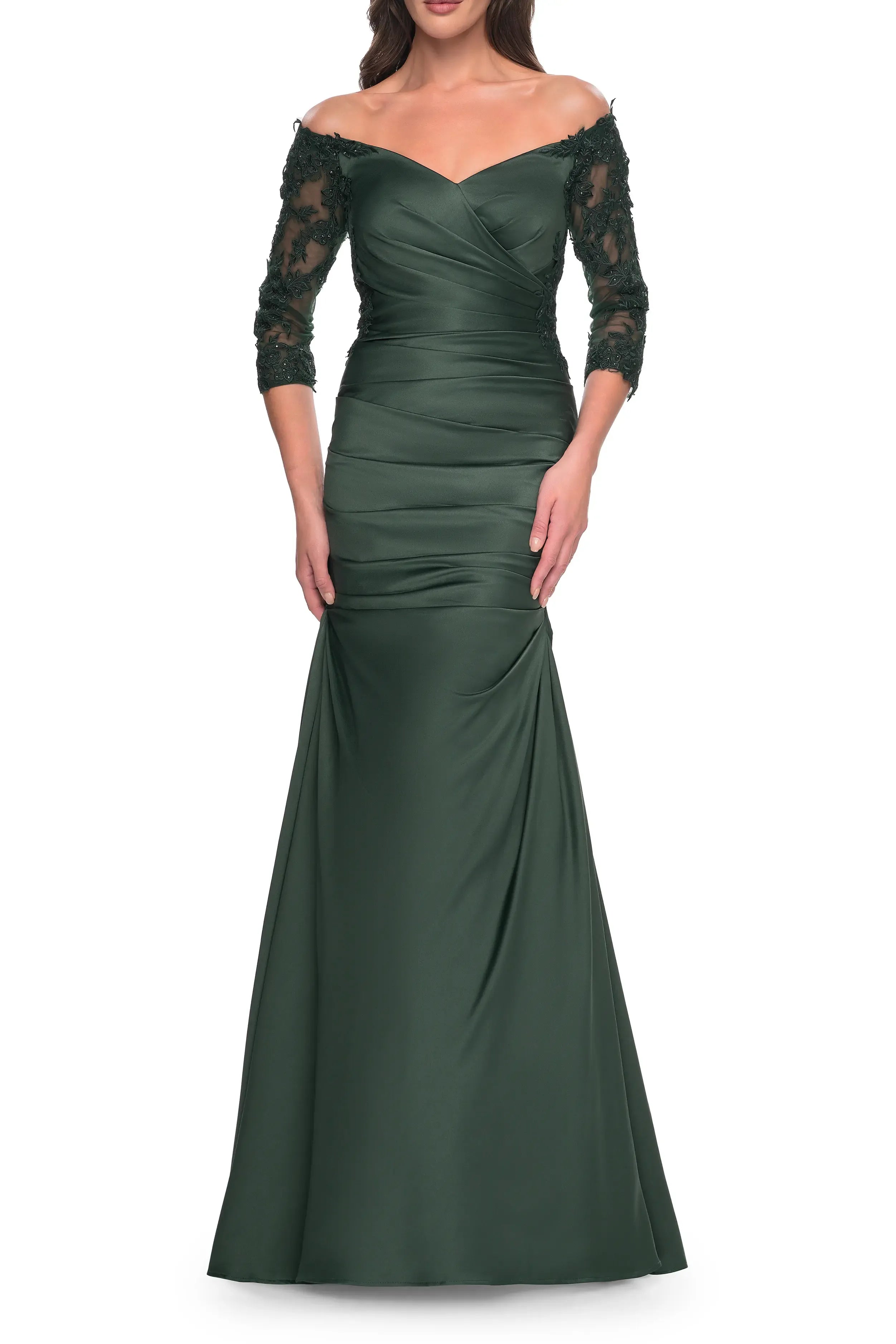Luxurious Trumpet Off Shoulder Lace Sleeve Ruched Back Maxi Female Evening Dress