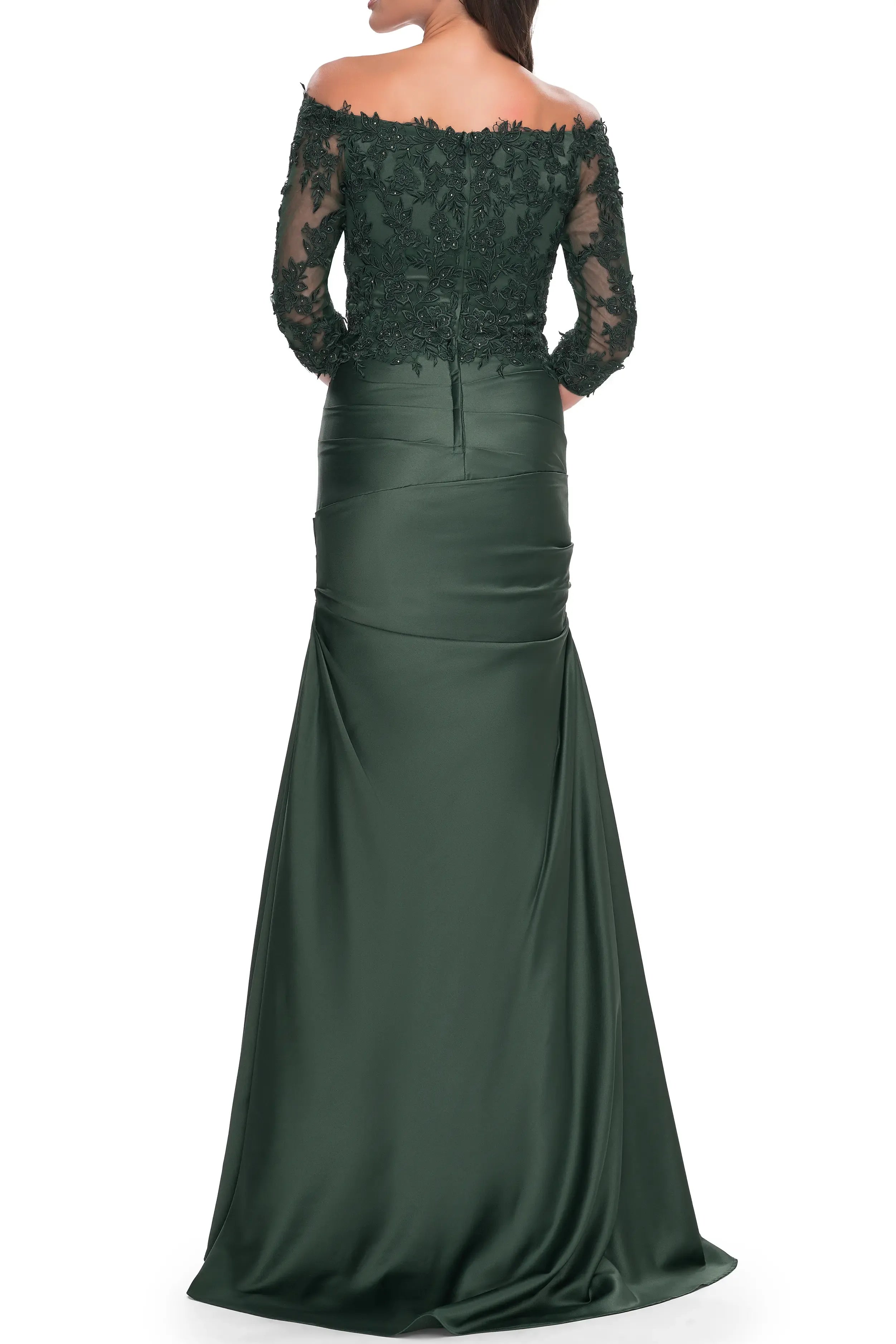 Luxurious Trumpet Off Shoulder Lace Sleeve Ruched Back Maxi Female Evening Dress