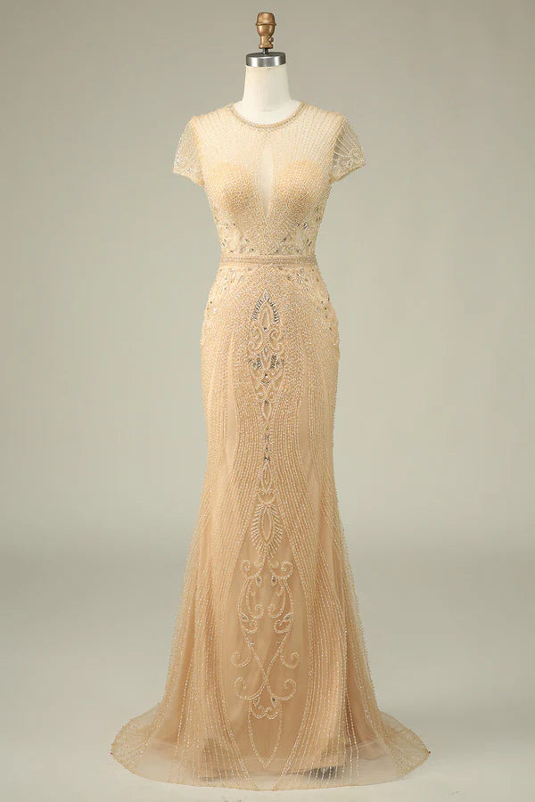 Luxurious Mermaid Jewel Neck Champagne Prom Dress with Beading Simple gentle atmospheric and unique design