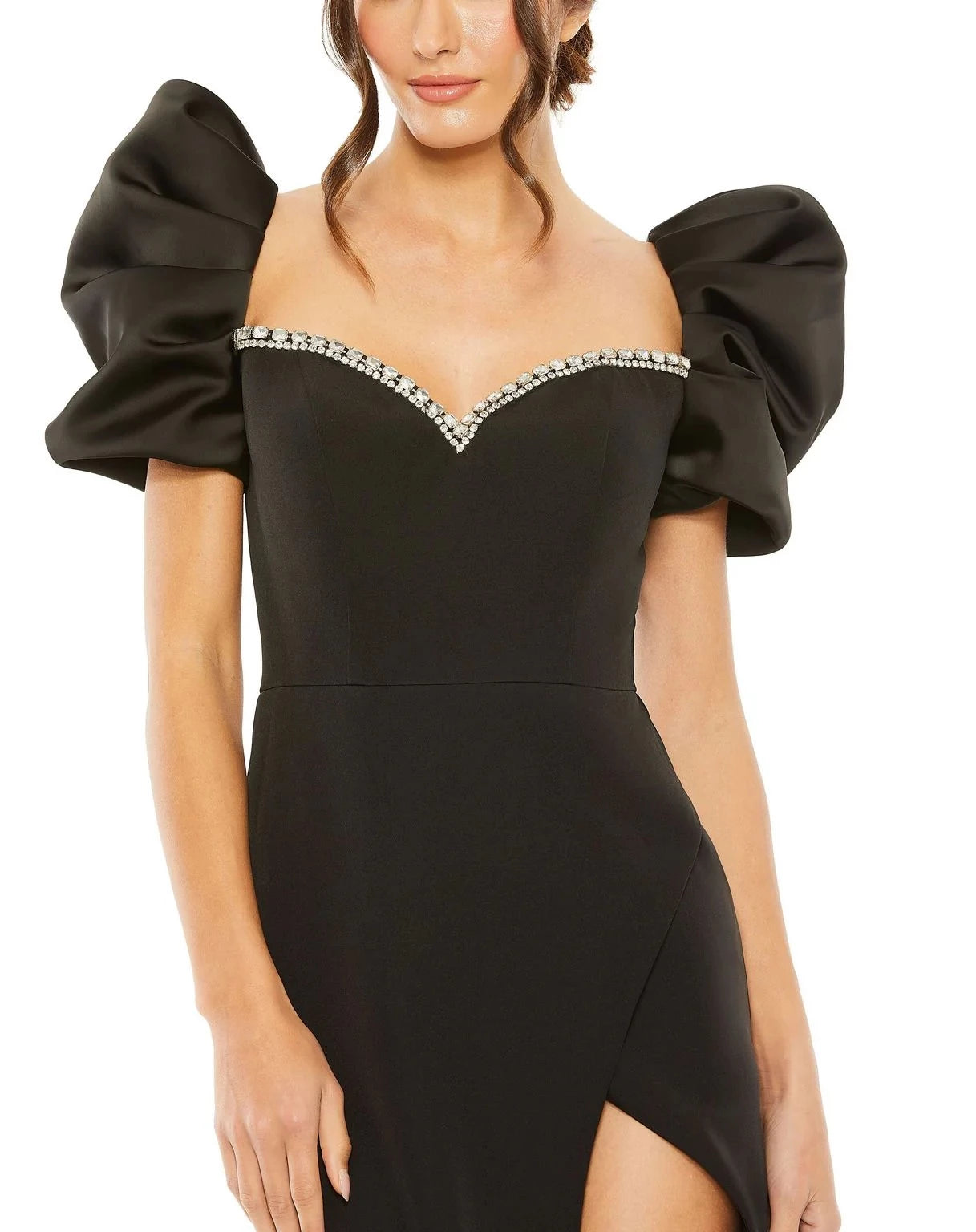 Luxury Sheath Sweetheart Neck Puff-Sleeve Open Back Beaded High-Slit Floor-Length Prom Dress