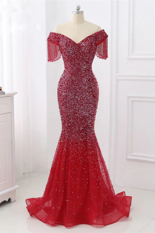 Luxury Off-the-Shoulder Sequins Burgundy Mermaid Prom Dresses with Tassels Simple gentle atmospheric and unique design