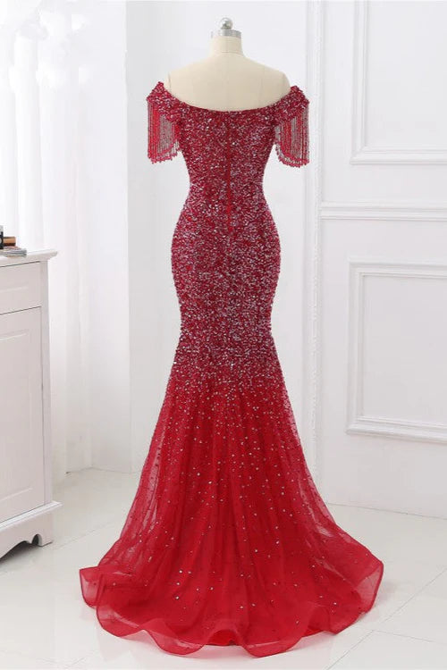 Luxury Off-the-Shoulder Sequins Burgundy Mermaid Prom Dresses with Tassels Simple gentle atmospheric and unique design