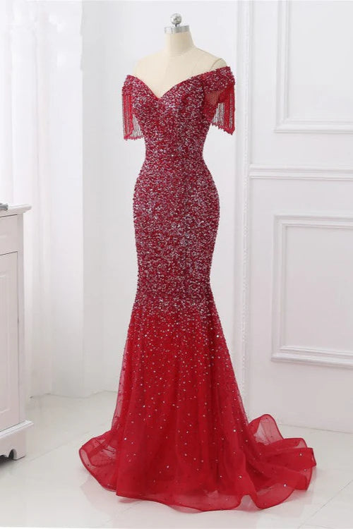 Luxury Off-the-Shoulder Sequins Burgundy Mermaid Prom Dresses with Tassels Simple gentle atmospheric and unique design