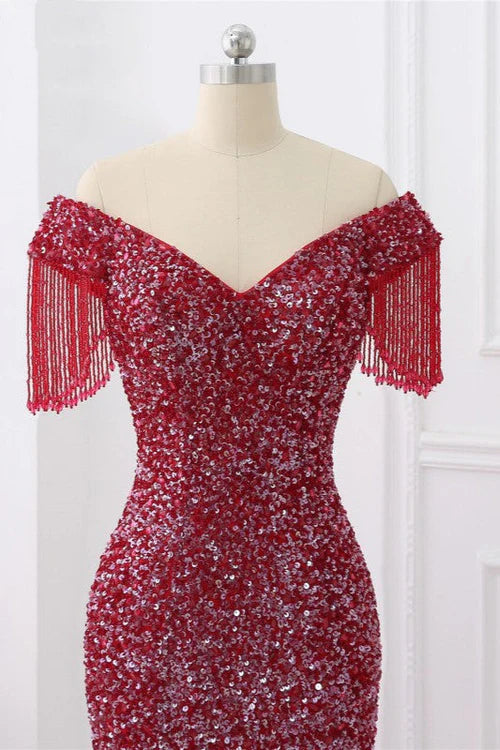 Luxury Off-the-Shoulder Sequins Burgundy Mermaid Prom Dresses with Tassels Simple gentle atmospheric and unique design