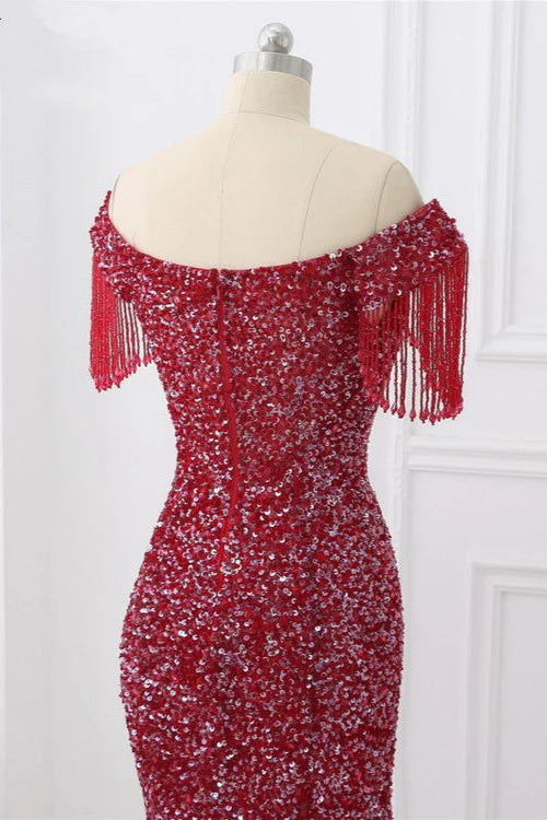 Luxury Off-the-Shoulder Sequins Burgundy Mermaid Prom Dresses with Tassels Simple gentle atmospheric and unique design