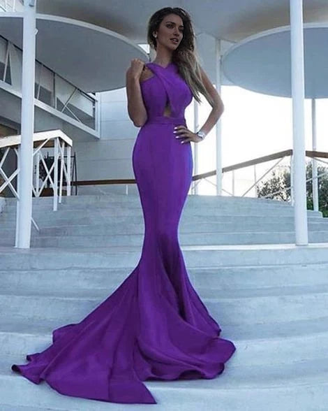 Purple Cutout Mermaid Evening Gown with Train Purple Prom Dresses Mermaid Party Dresses