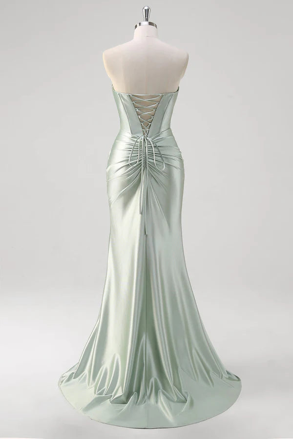 Matcha Mermaid Sweetheart Satin Ruched Long Corset Prom Dress with Slit simple gentle atmospheric and unique desi