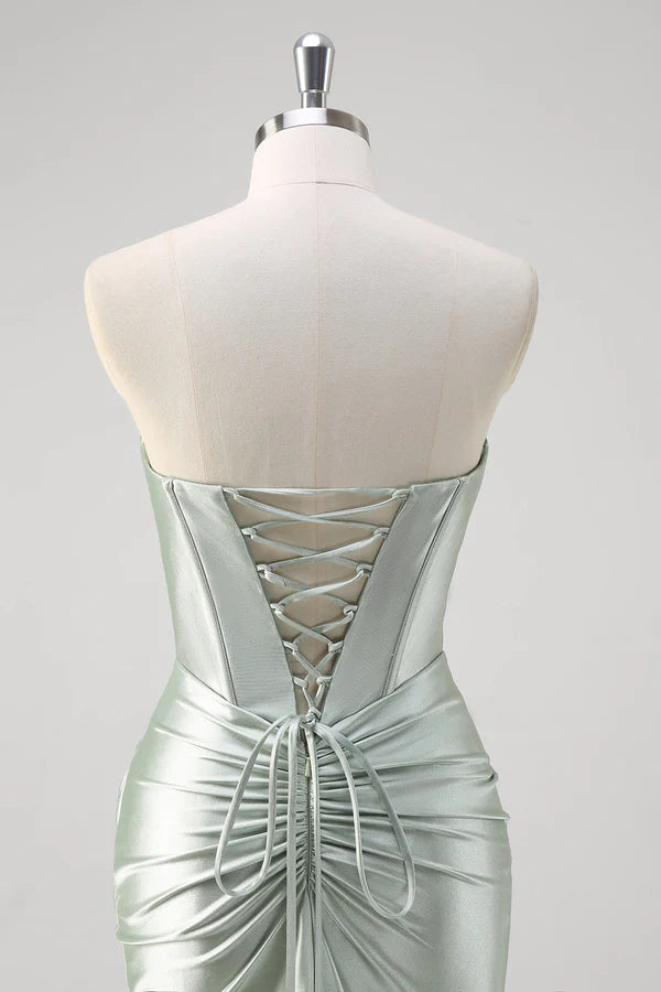 Matcha Mermaid Sweetheart Satin Ruched Long Corset Prom Dress with Slit simple gentle atmospheric and unique desi